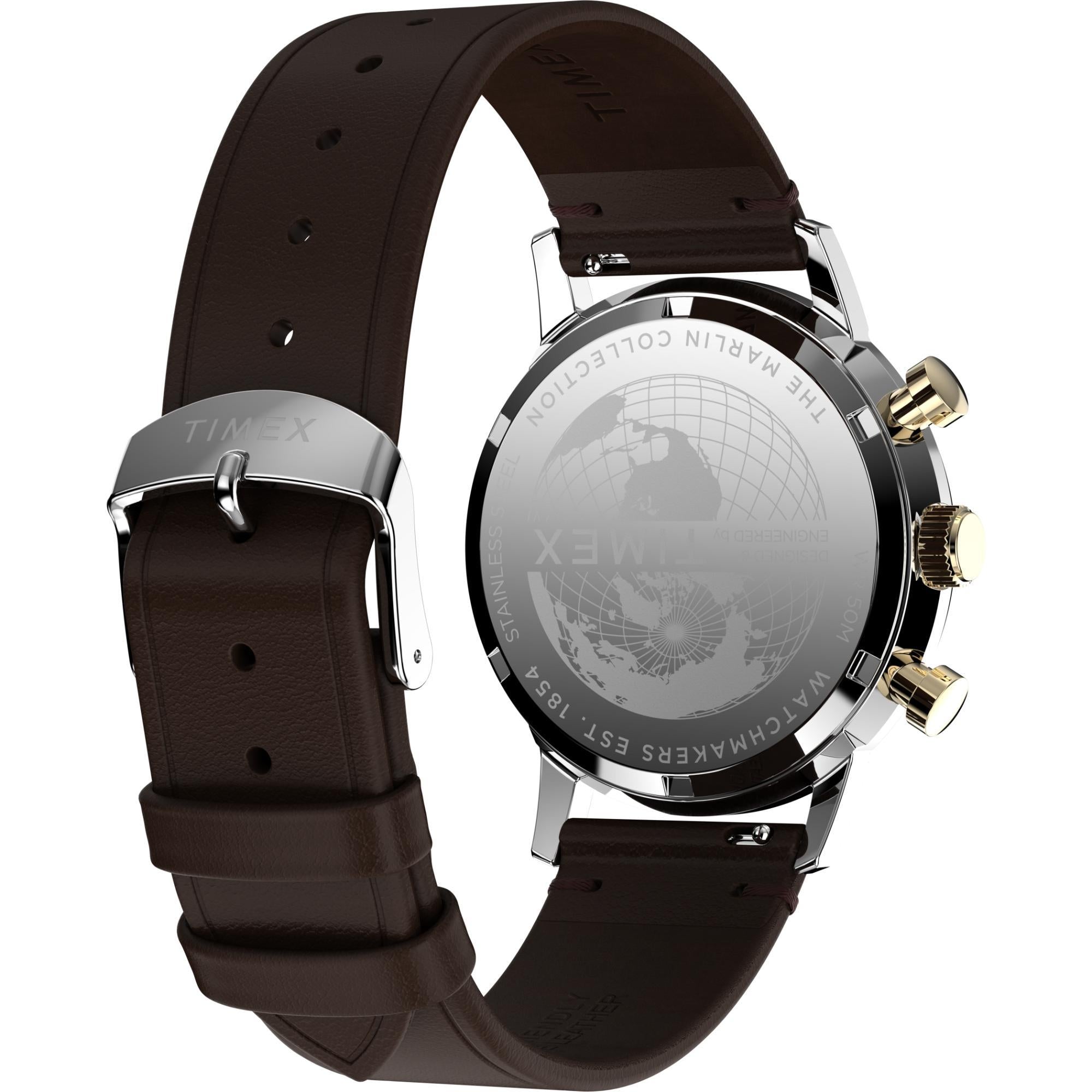 Timex Marlin Quartz Chronograph Two-Tone Case Blue Dial Brown Leather Strap Men’s Watch TW2W60400
