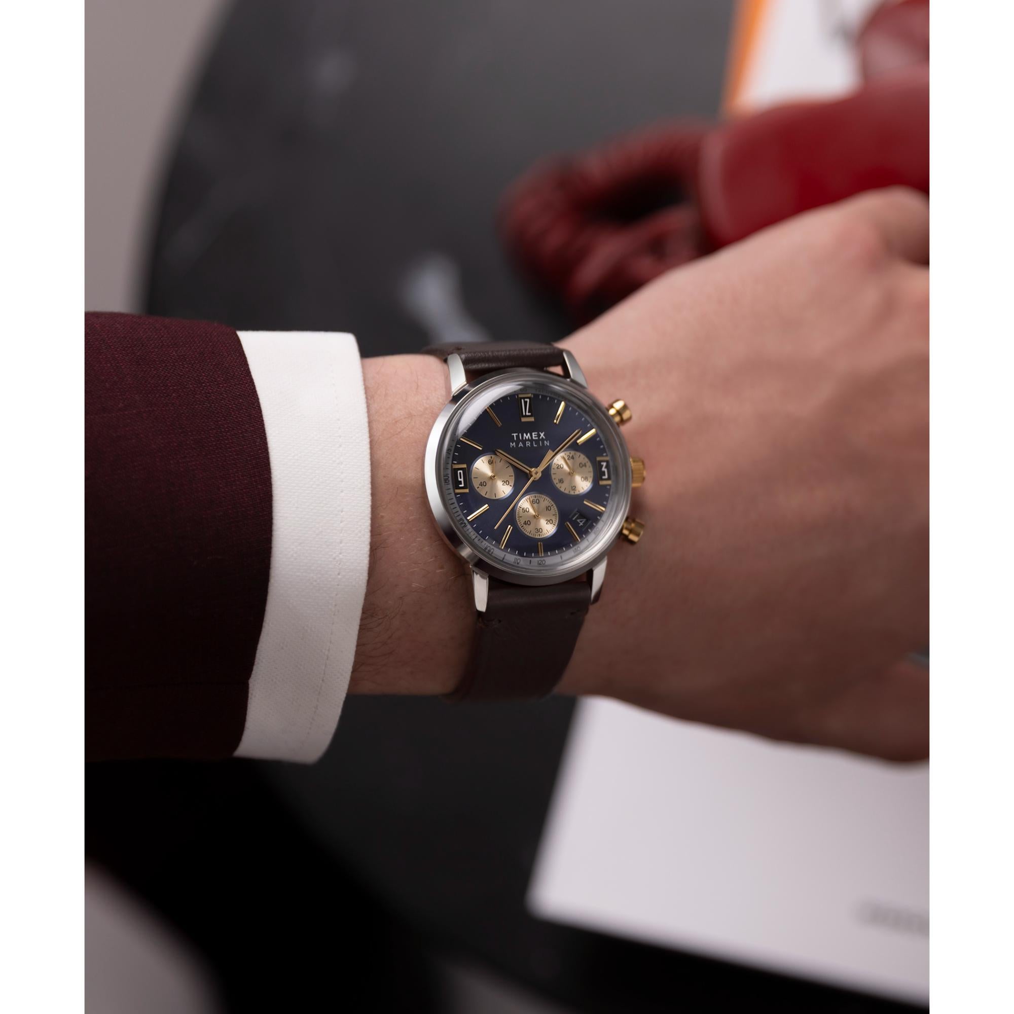 Timex Marlin Quartz Chronograph Two-Tone Case Blue Dial Brown Leather Strap Men’s Watch TW2W60400