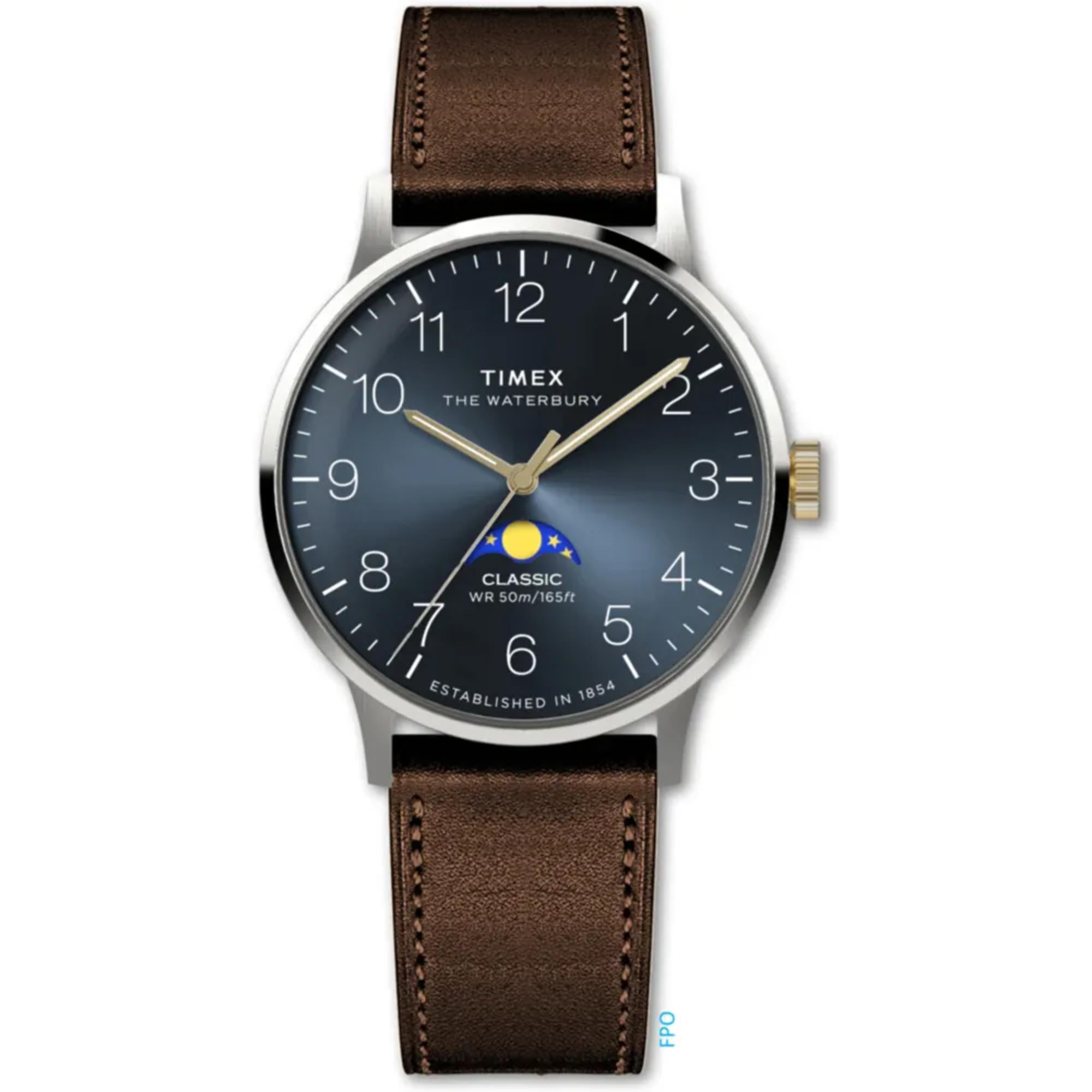 Timex Waterbury Classic Moon Phase Blue Dial Leather Strap Men’s Watch TW2W75600