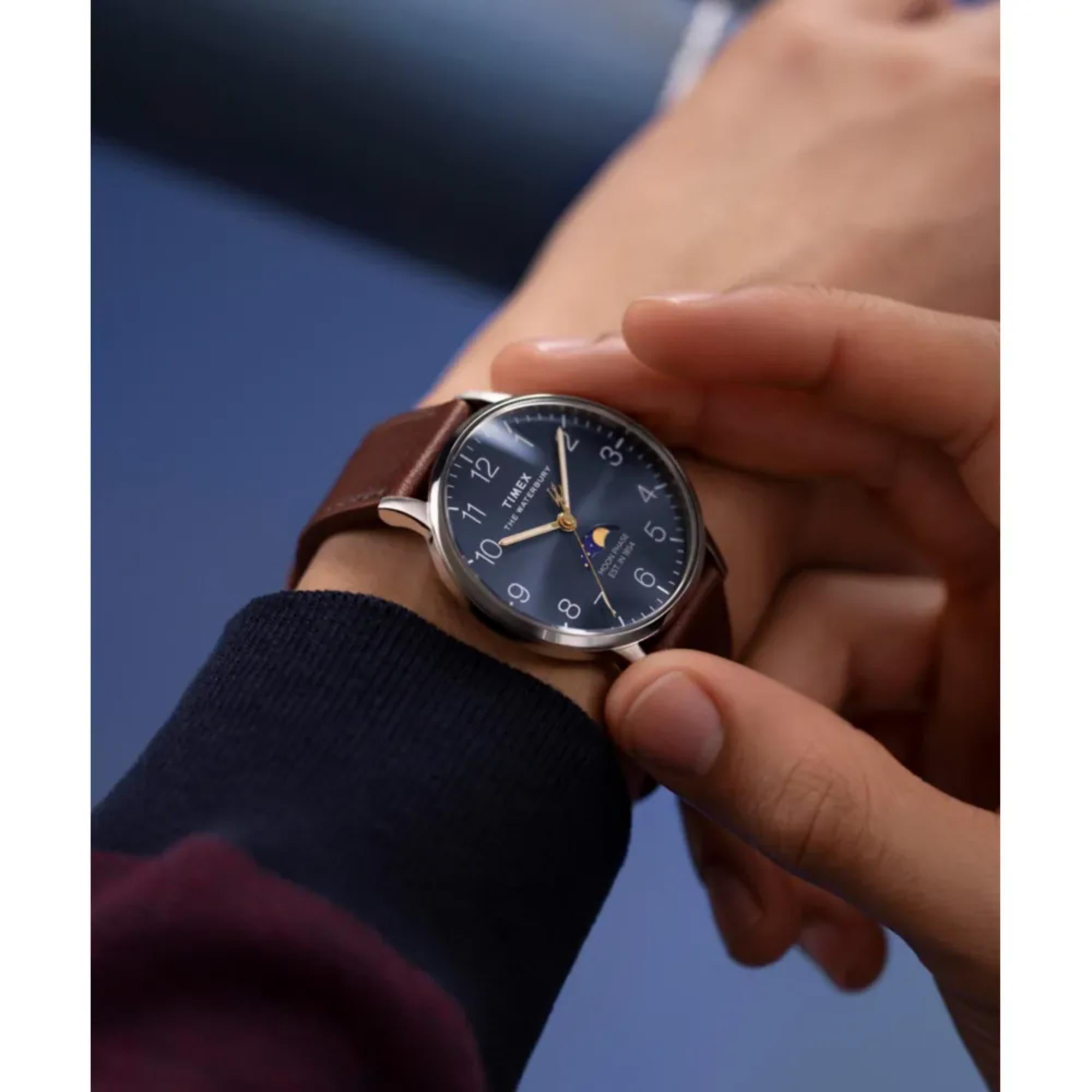 Timex Waterbury Classic Moon Phase Blue Dial Leather Strap Men’s Watch TW2W75600