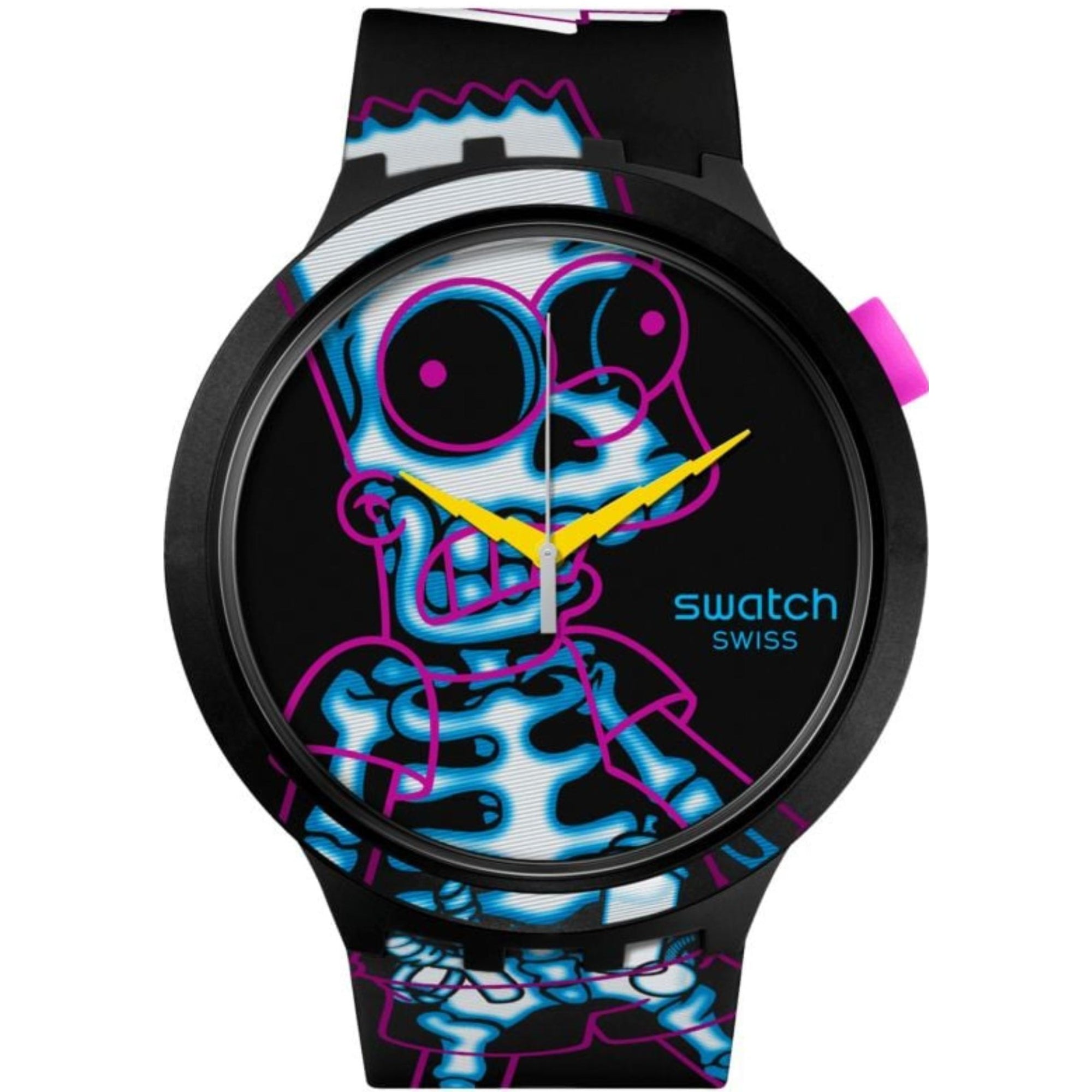 Swatch x The Simpsons AYE CARUMBOO Black Printed Dial Watch with Black Silicone Strap SB01Z105