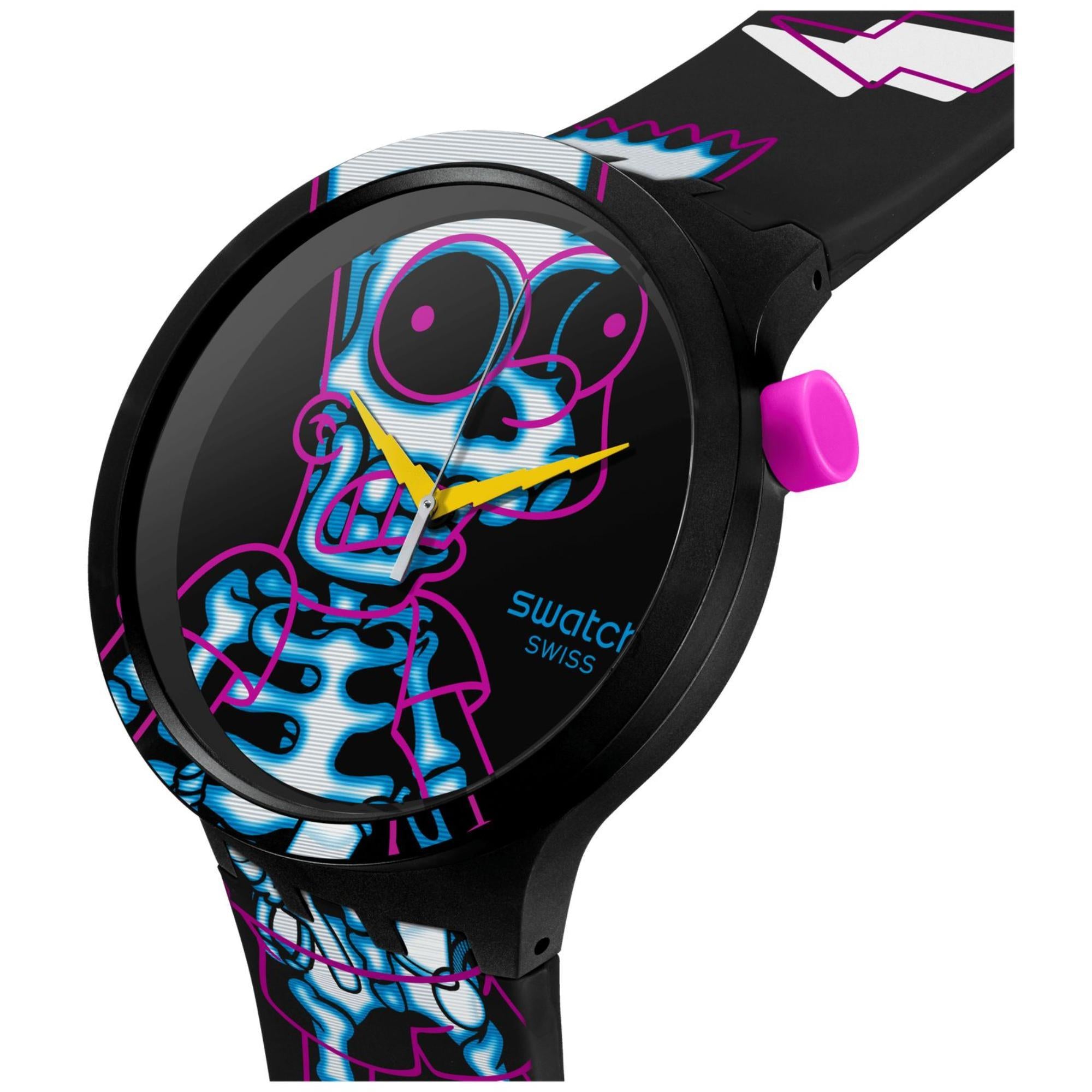 Swatch x The Simpsons AYE CARUMBOO Black Printed Dial Watch with Black Silicone Strap SB01Z105