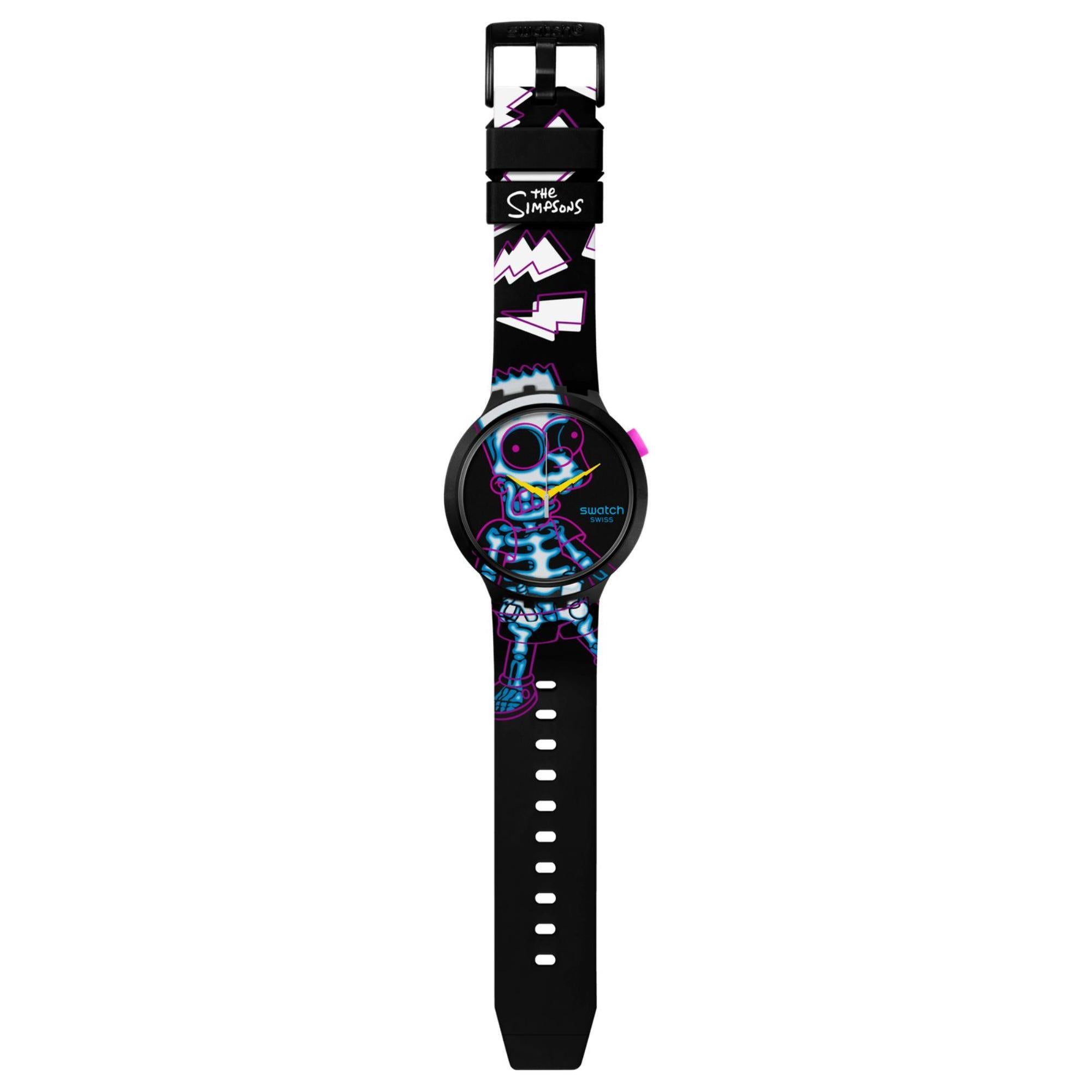 Swatch x The Simpsons AYE CARUMBOO Black Printed Dial Watch with Black Silicone Strap SB01Z105