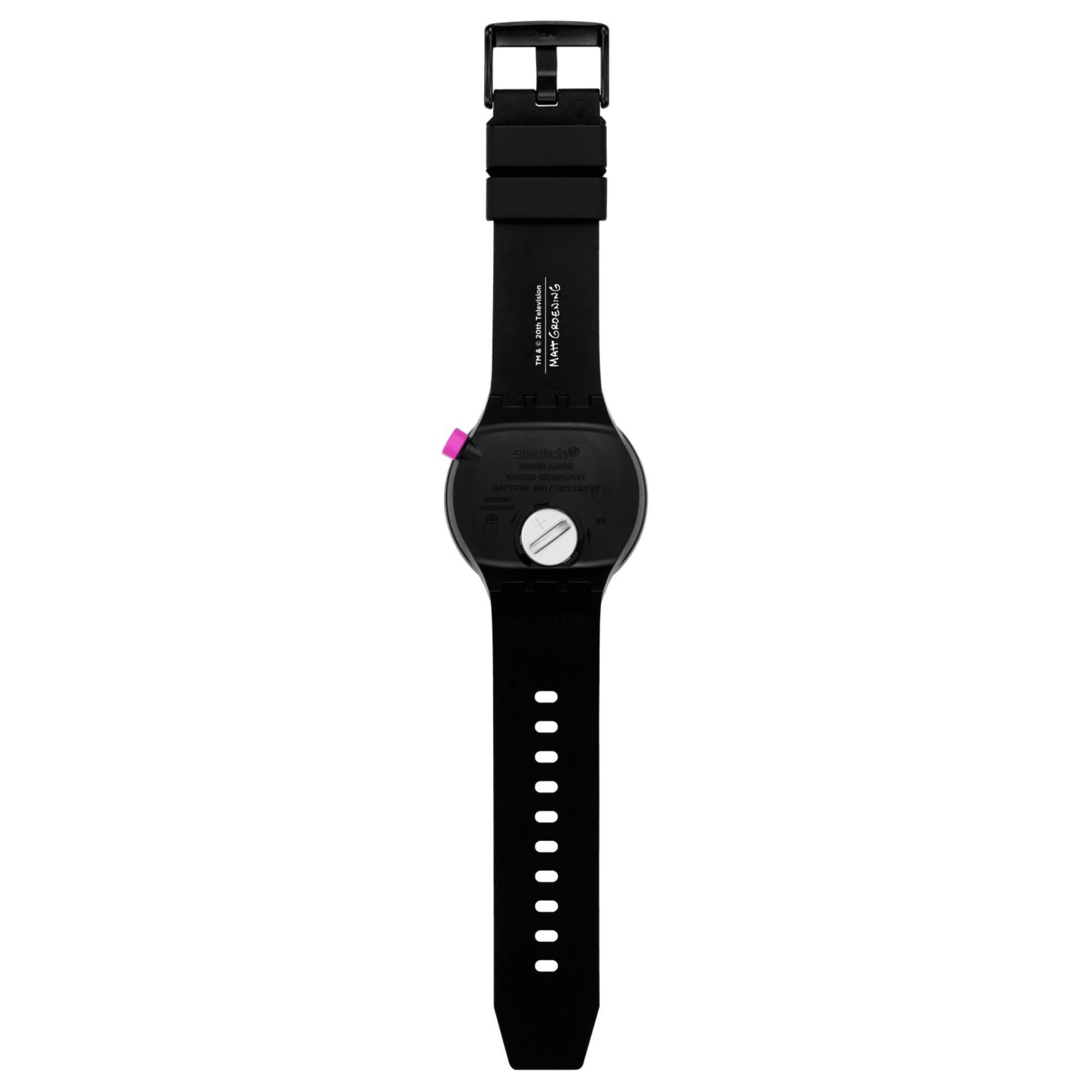 Swatch x The Simpsons AYE CARUMBOO Black Printed Dial Watch with Black Silicone Strap SB01Z105
