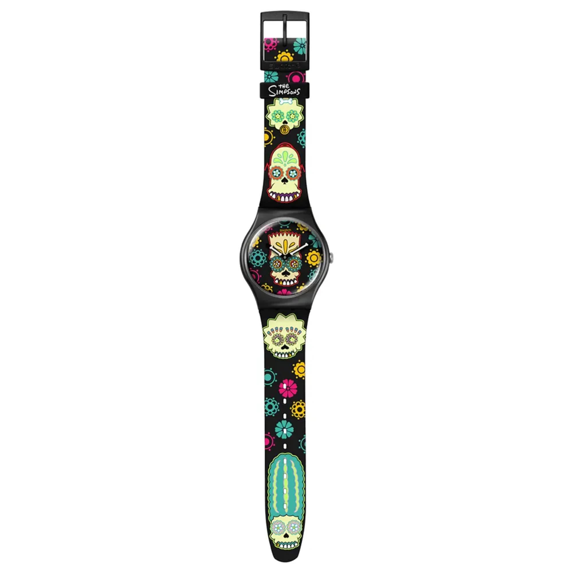 Swatch x The Simpsons (41mm) D'OH OF THE DEAD Black Printed Dial Black Printed Strap Watch SO29Z135