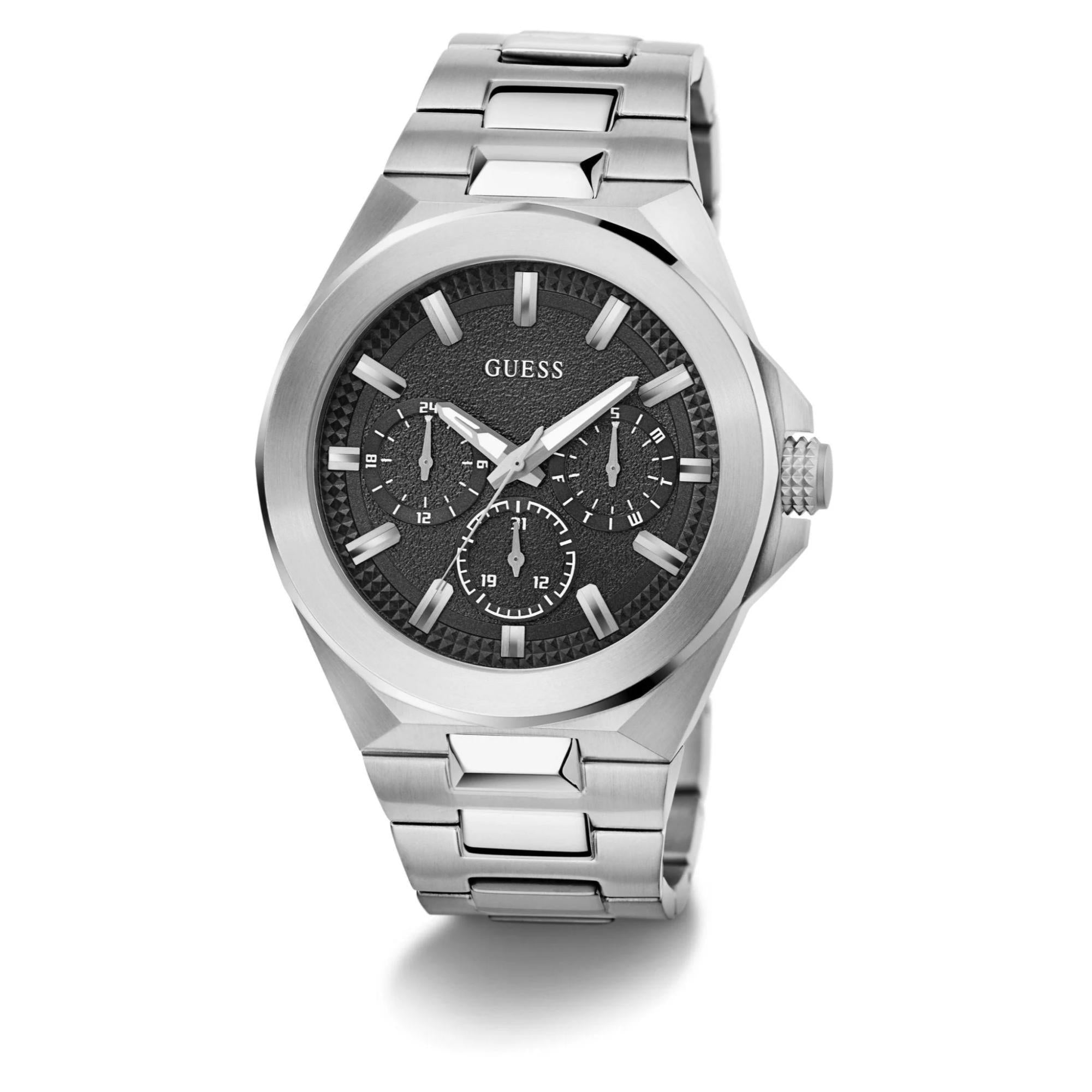 GUESS Multifunction Gents Dashboard Silver Tone Recycled Steel Strap Black Dial Men’s Watch GW0798G1