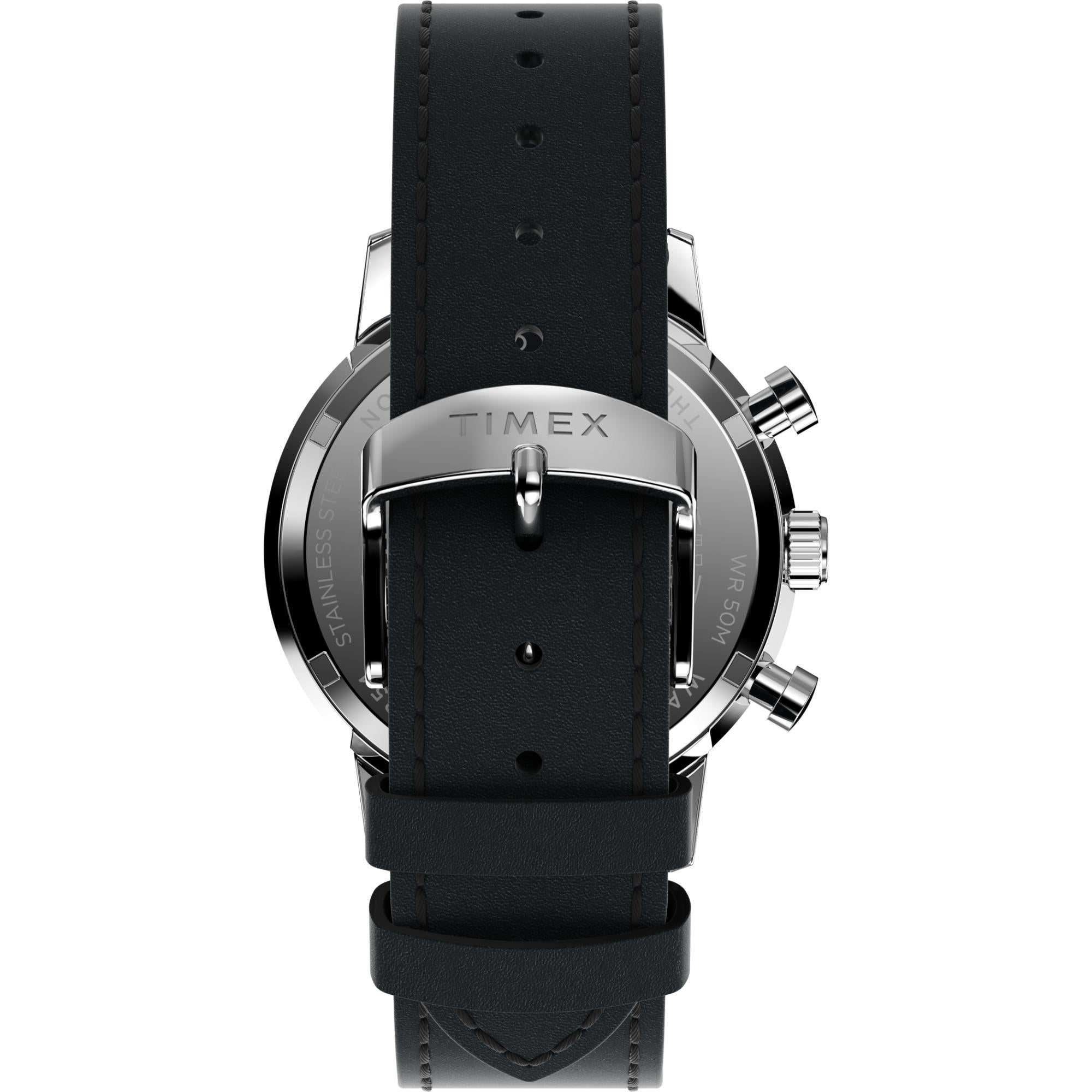 Timex Marlin Chronograph Tachymeter Silver Tone Dial Black Leather Strap Men’s Watch TW2W10300