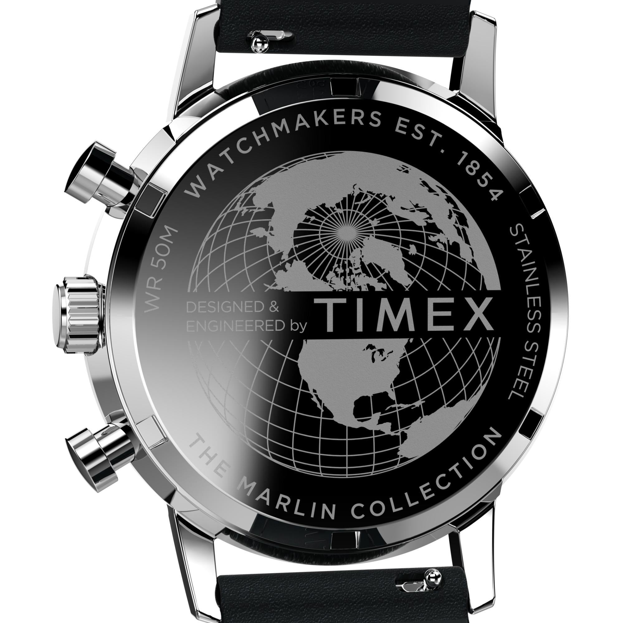 Timex Marlin Chronograph Tachymeter Silver Tone Dial Black Leather Strap Men’s Watch TW2W10300