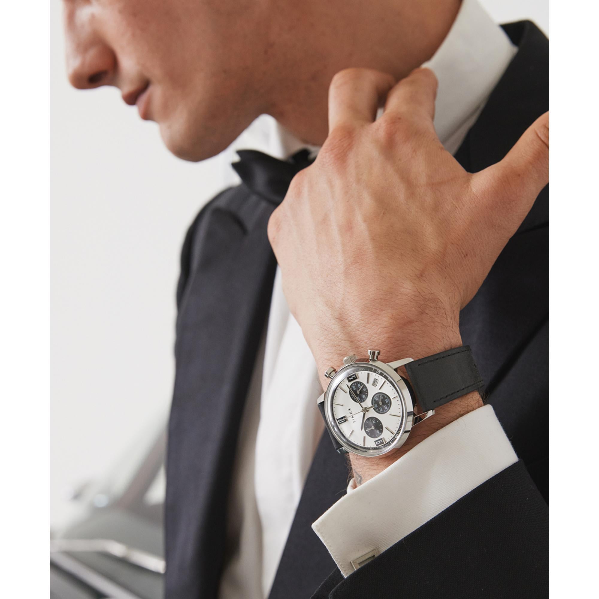 Timex Marlin Chronograph Tachymeter Silver Tone Dial Black Leather Strap Men’s Watch TW2W10300
