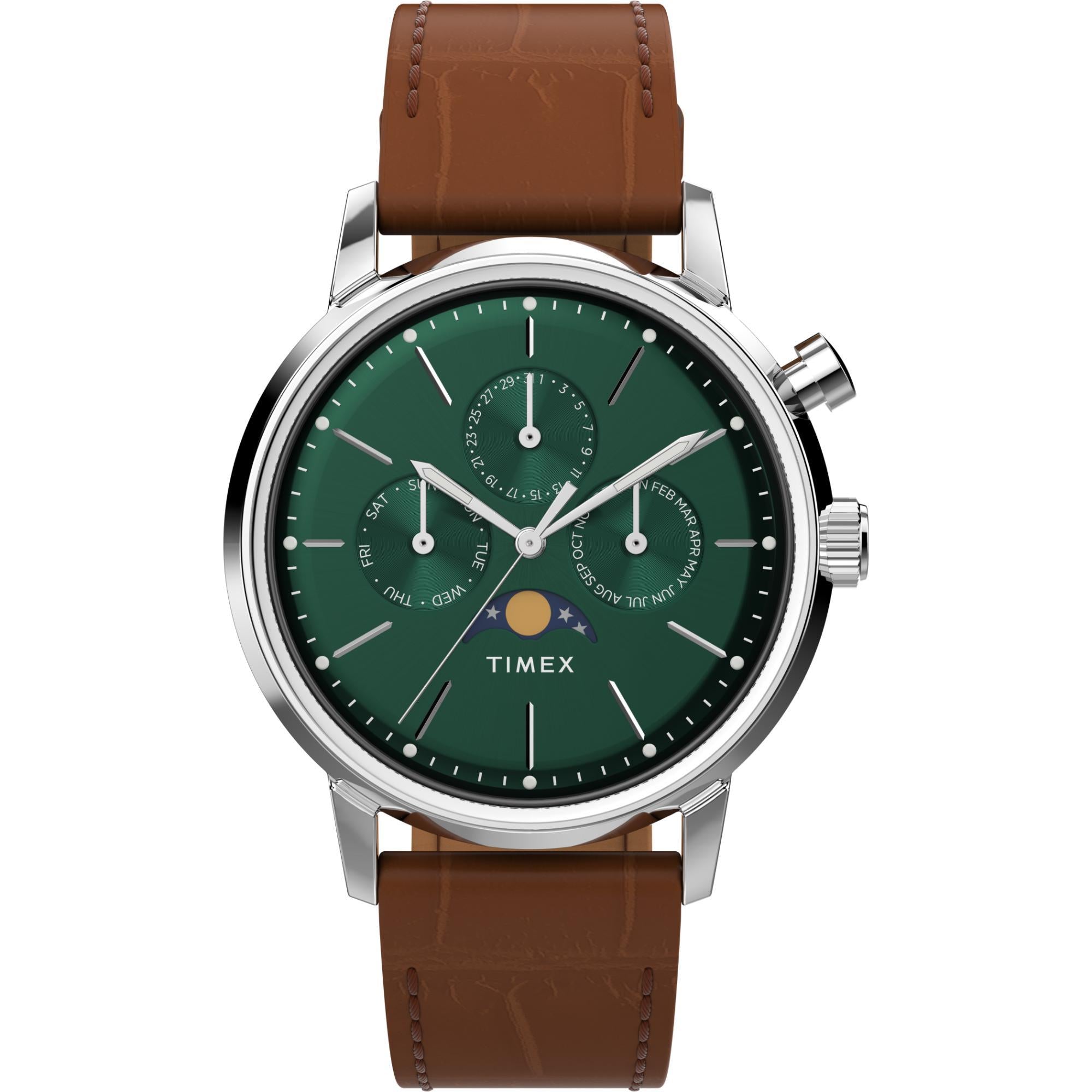 Timex Marlin Quartz Moon Phase Stainless Steel Case Green Dial Brown Leather Strap Men’s Watch TW2W51000