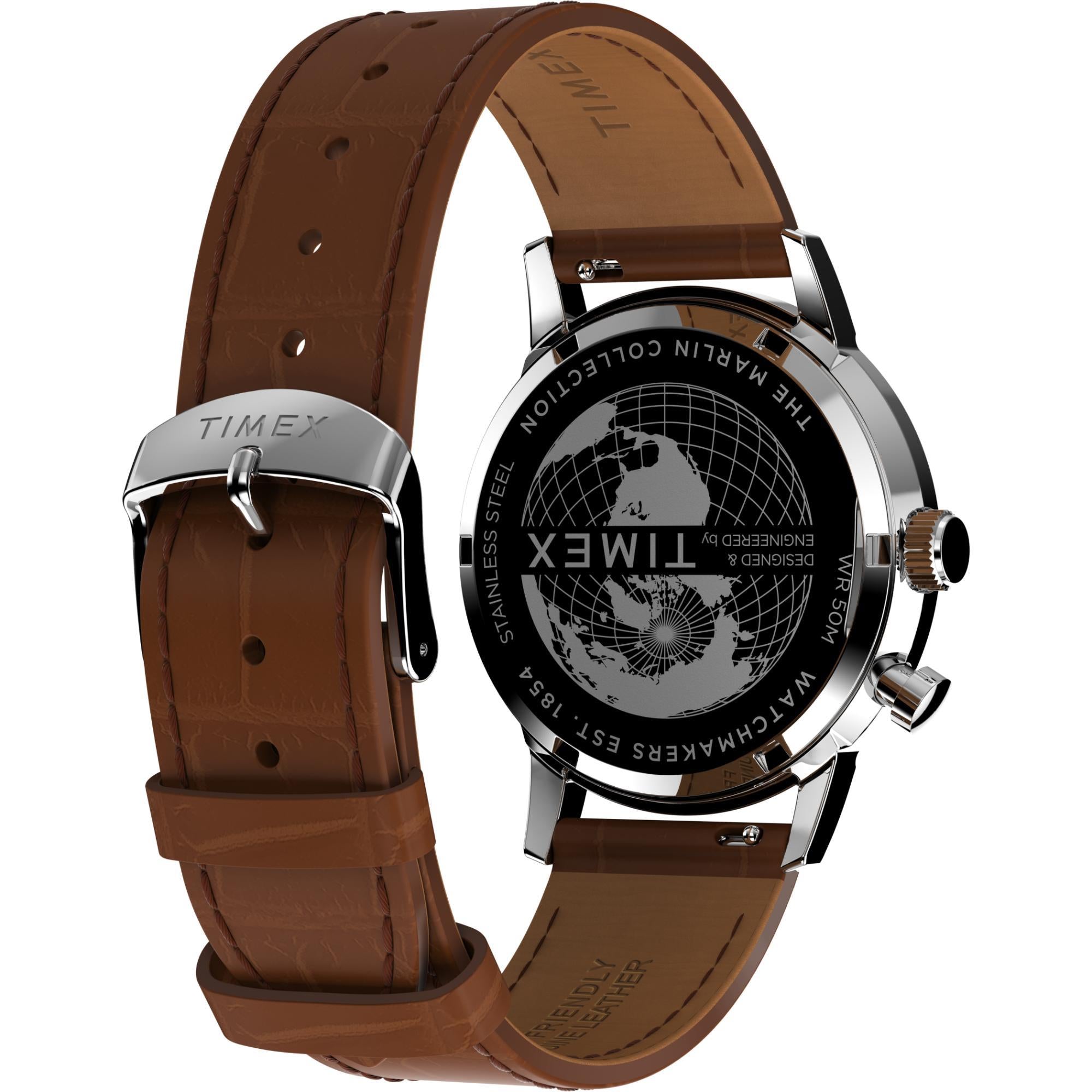 Timex Marlin Quartz Moon Phase Stainless Steel Case Green Dial Brown Leather Strap Men’s Watch TW2W51000