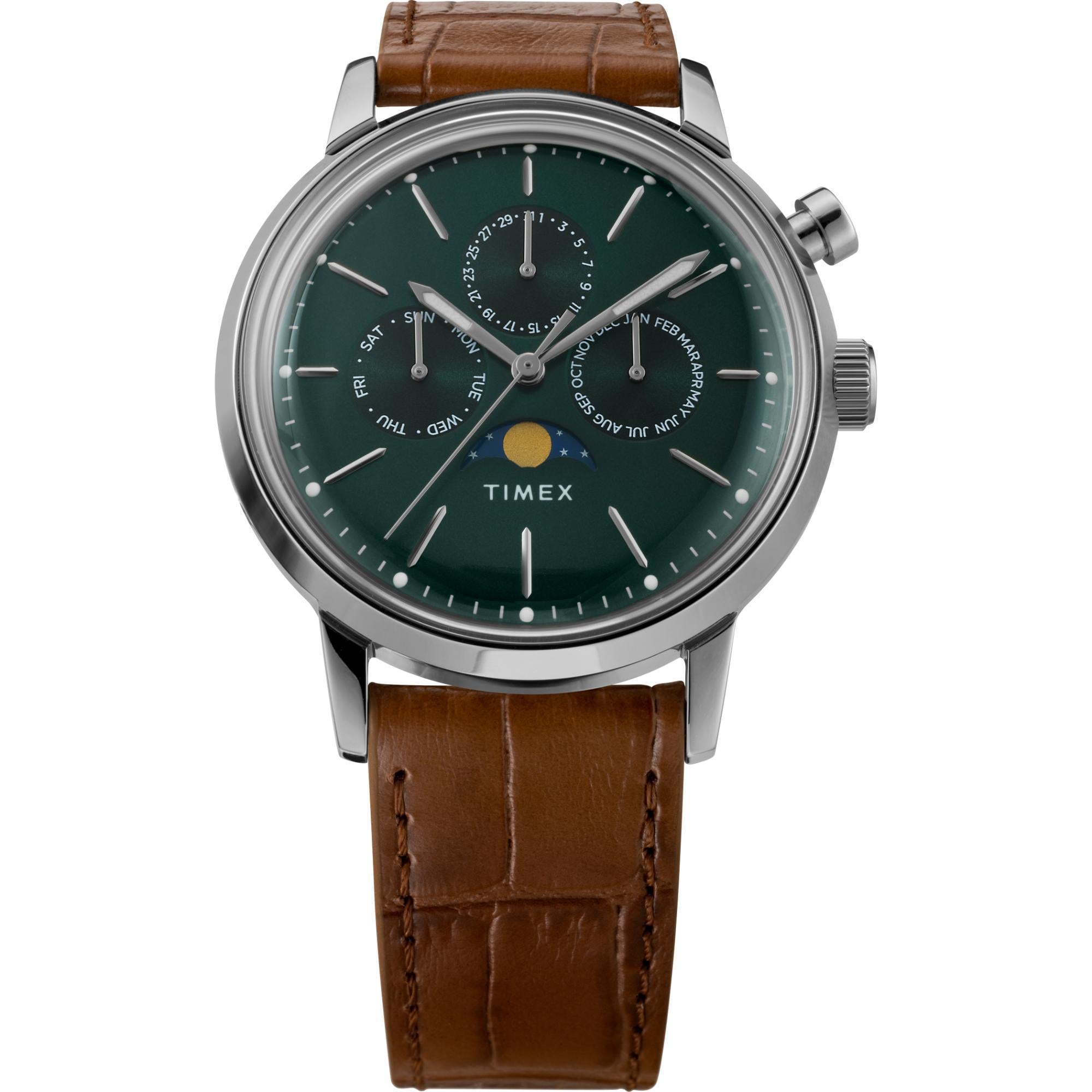 Timex Marlin Quartz Moon Phase Stainless Steel Case Green Dial Brown Leather Strap Men’s Watch TW2W51000