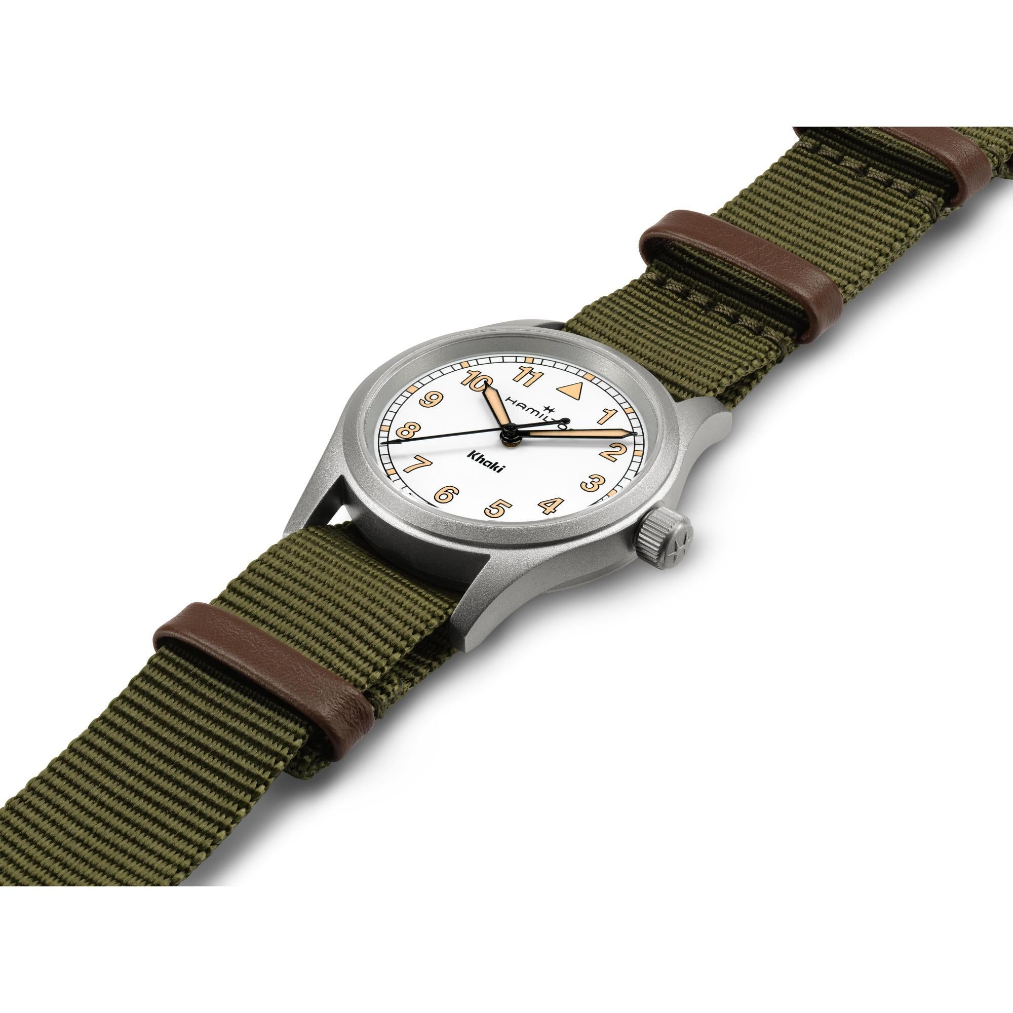 Hamilton H69301910 khaki green NATO strap with brown leather loops detail