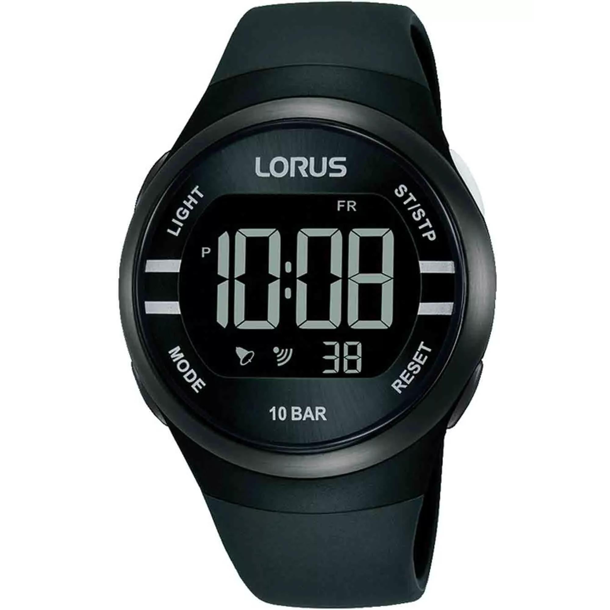 Lorus Digital Multifunction Silver-Tone Unisex Watch with Black Rubber Strap R2333NX9