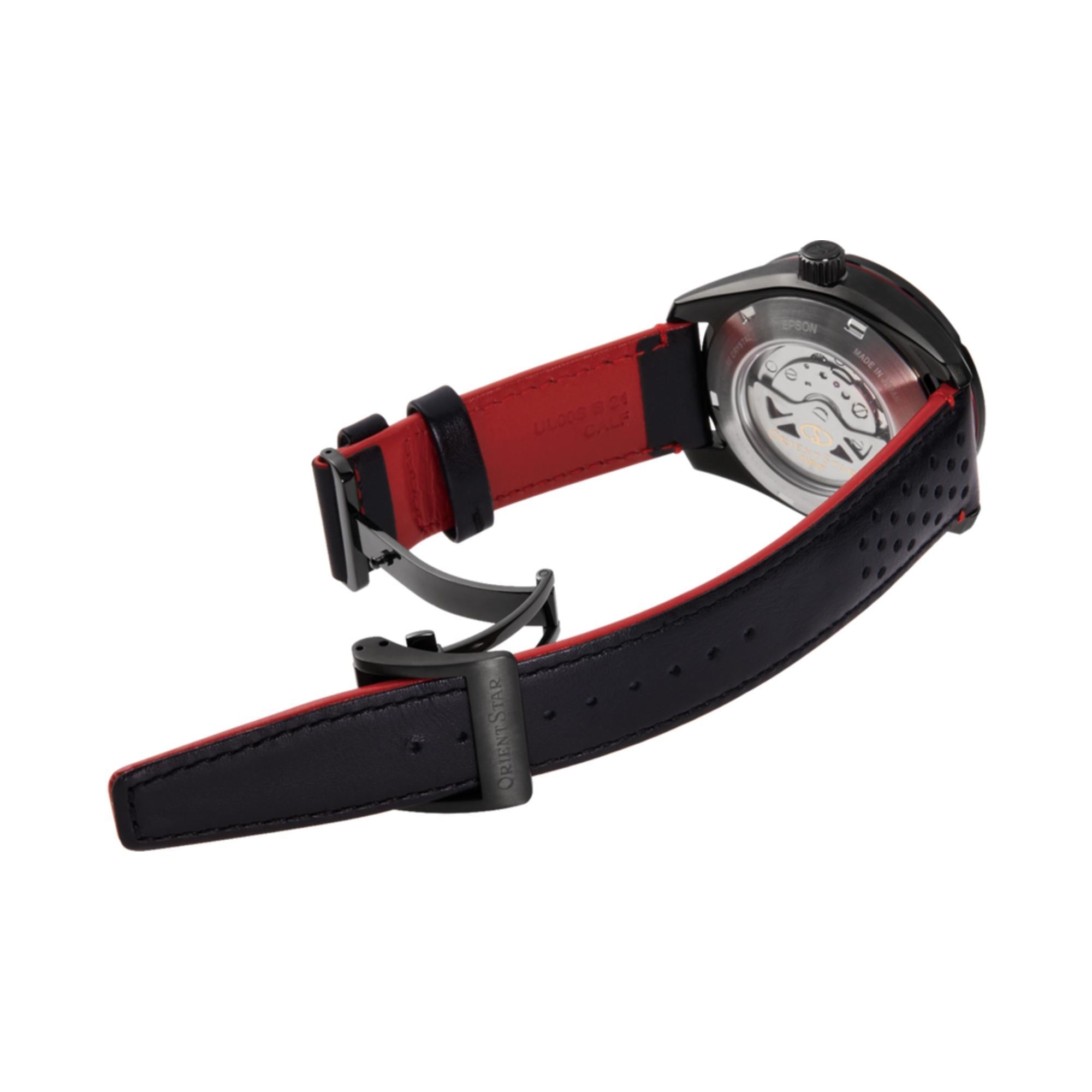Orient Star Avant-Garde RE-AV0A03B00B exhibition caseback showing in-house automatic movement with red and black leather strap