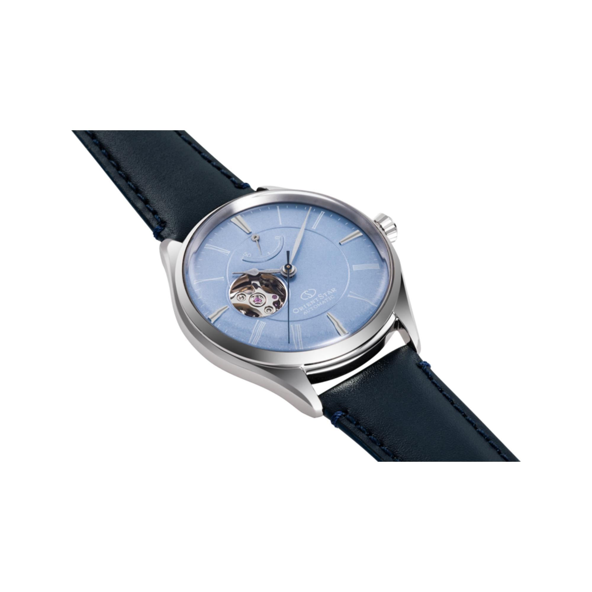 Orient Star Semi Skeleton 40mm Power Reserve Blue Dial Leather Mens Automatic Watch RE-AT0203L00B