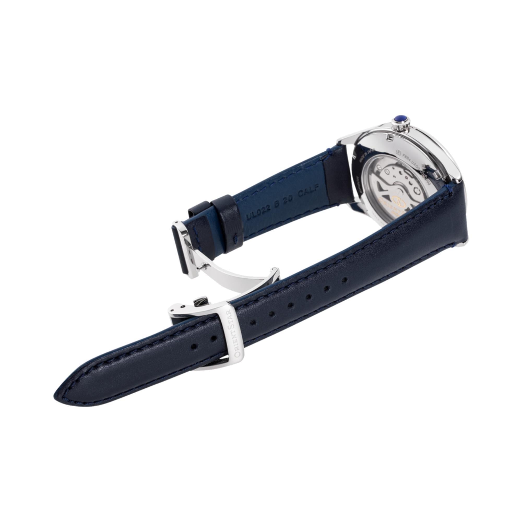 Orient Star Semi Skeleton 40mm Power Reserve Blue Dial Leather Mens Automatic Watch RE-AT0203L00B