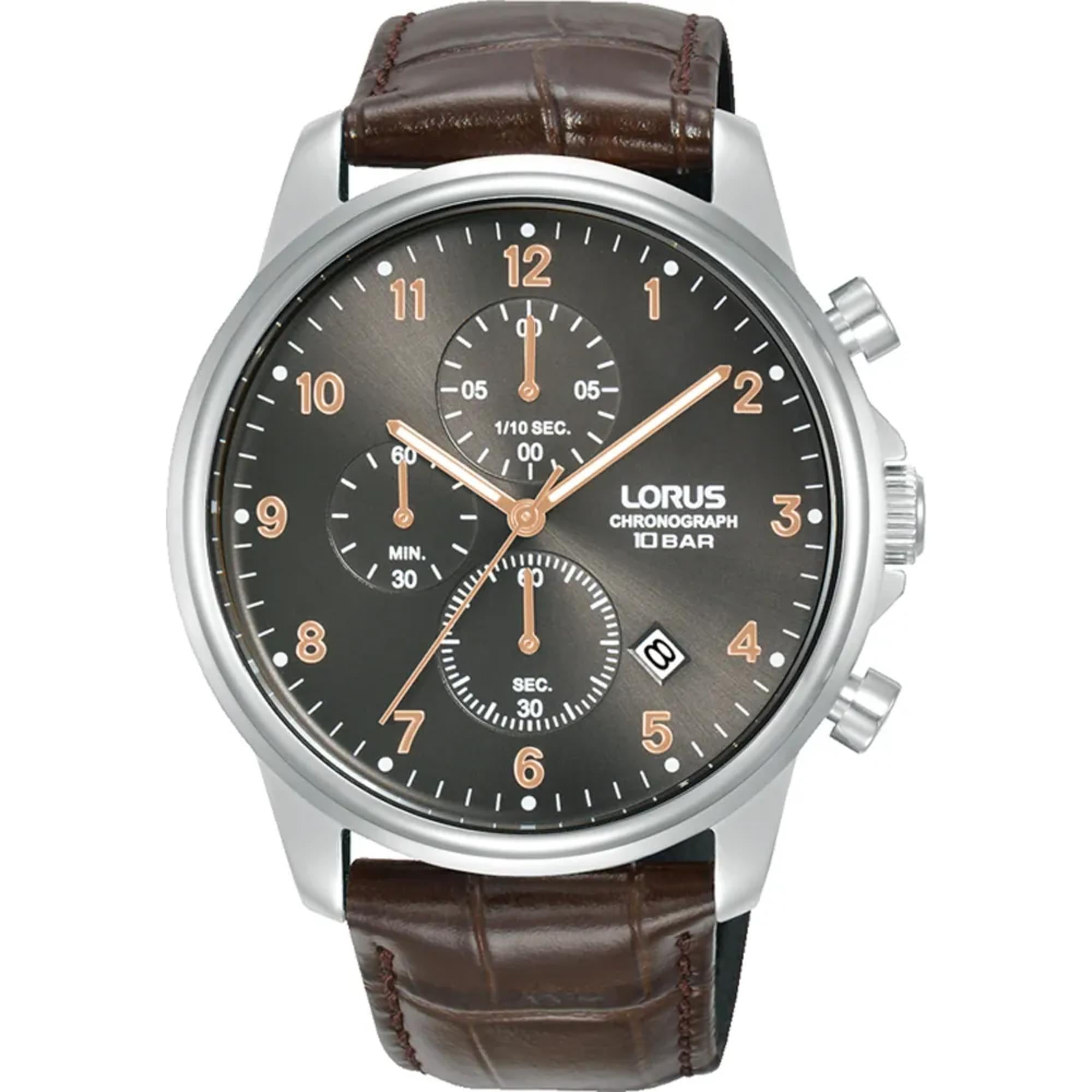 Lorus Chronograph Brown Leather Strap Dark Grey Sunray Dial Men's Watch RM343JX9