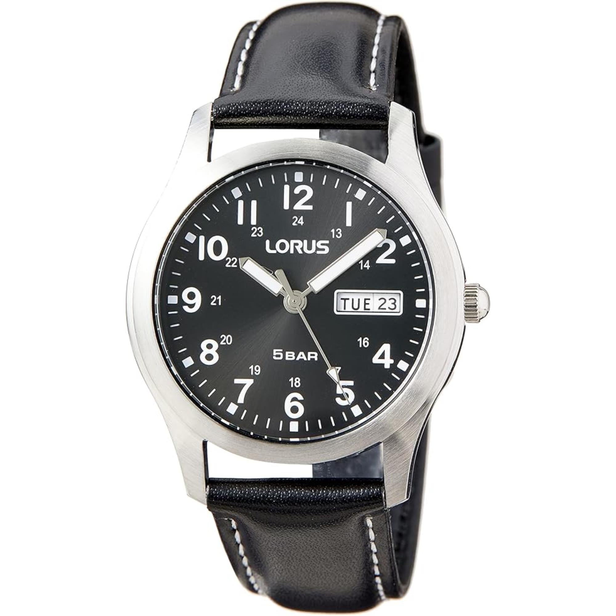 Lorus Black Leather Analogue Quartz Black Dial Men's Watch RXN79DX9