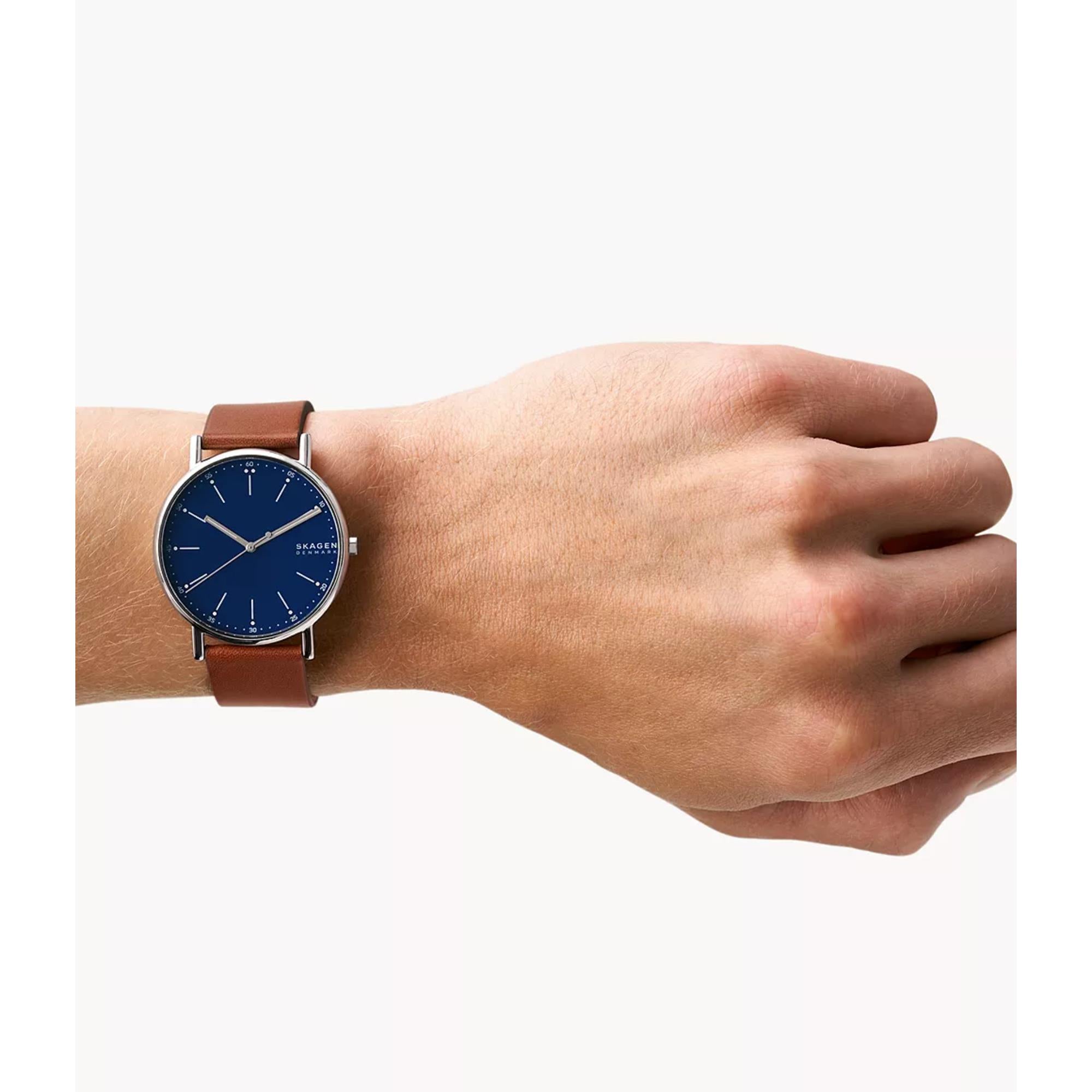 Skagen Signatur Medium Brown Leather Strap Deep Ocean Dial Men’s Watch SKW6355