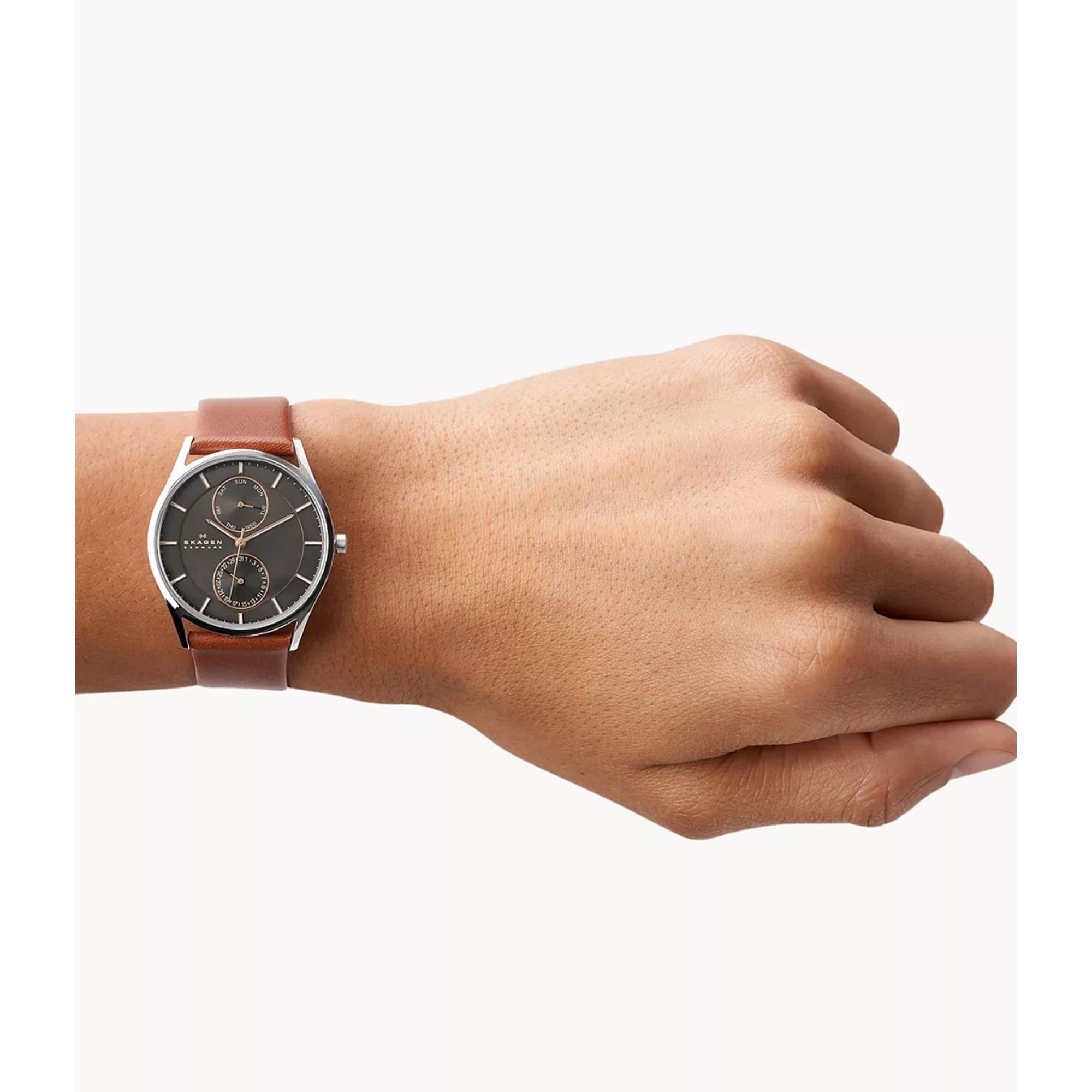 Skagen Holst Multifunction Medium Brown Leather Strap Grey Dial Men’s Watch SKW6086