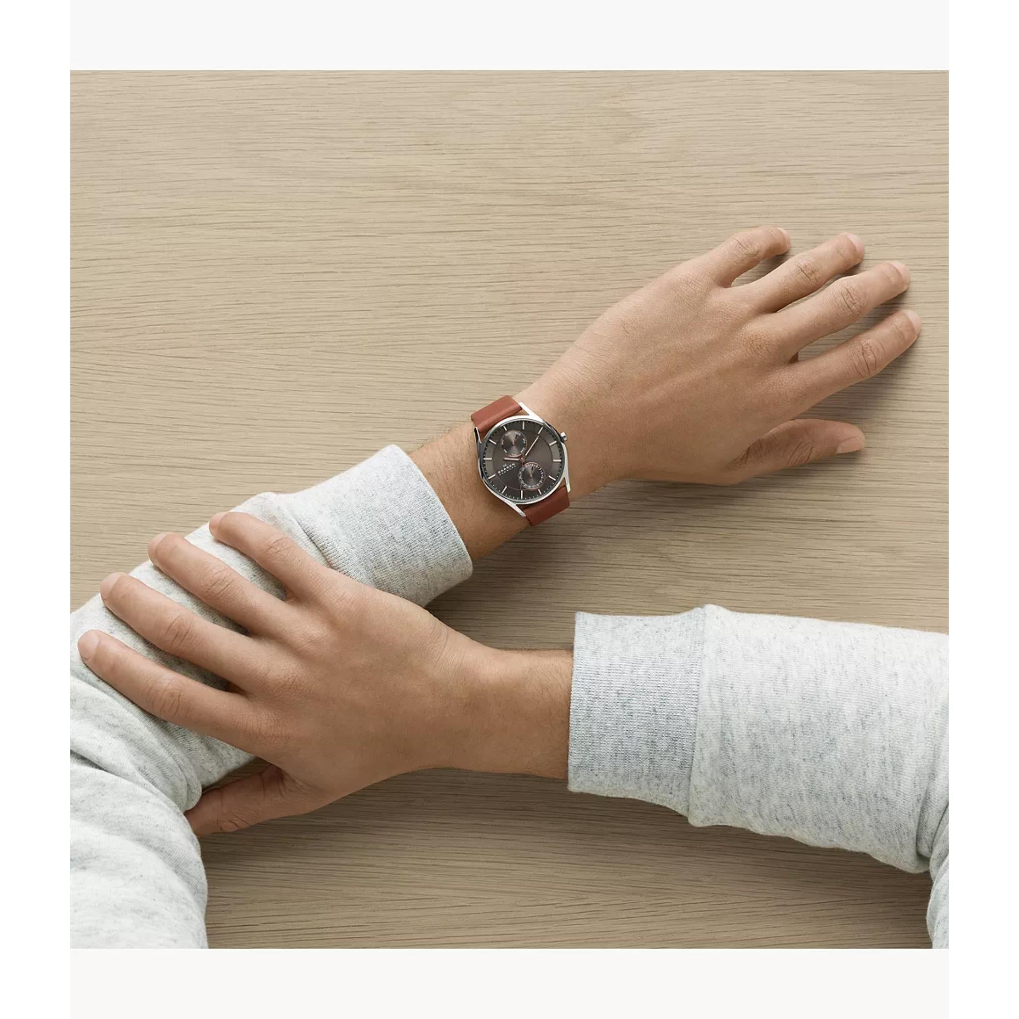 Skagen Holst Multifunction Medium Brown Leather Strap Grey Dial Men’s Watch SKW6086