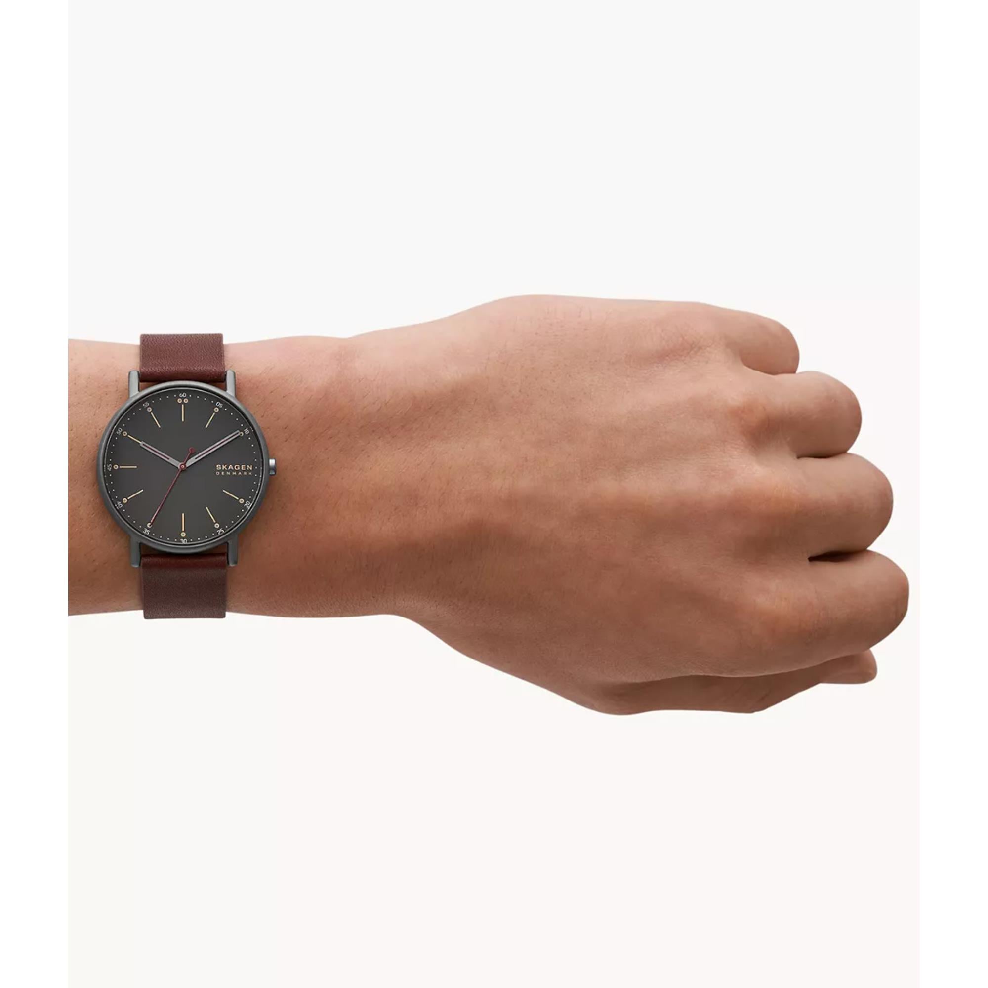 Skagen Signatur Cherry Wood Leather Strap Black Dial Men’s Watch SKW6860
