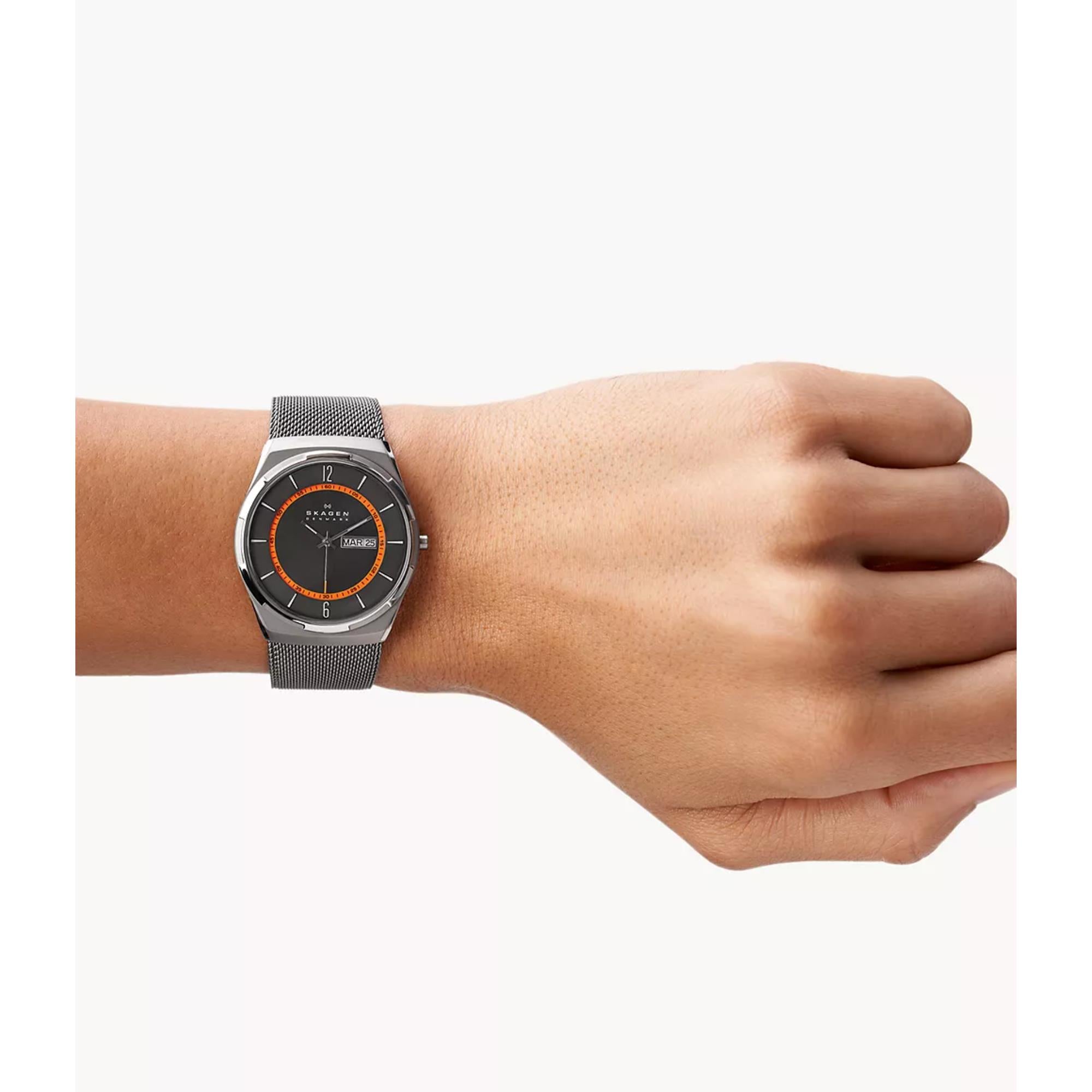 Skagen Melbye Titanium and Charcoal Steel Mesh Day-Date Men’s Watch SKW6007