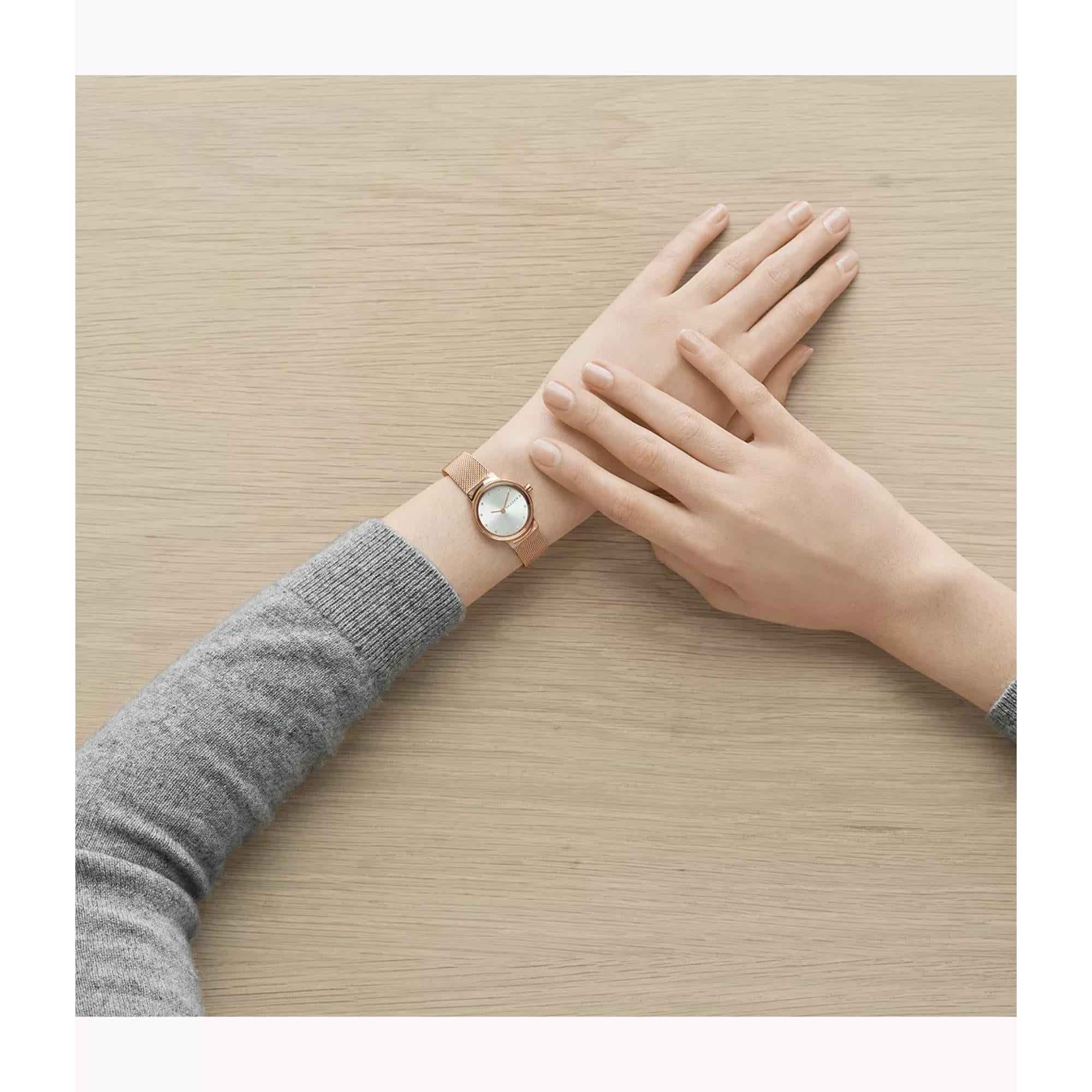 Skagen Freja Lille Rose Gold-Tone Steel Mesh White Silver Dial Women’s Watch SKW2665