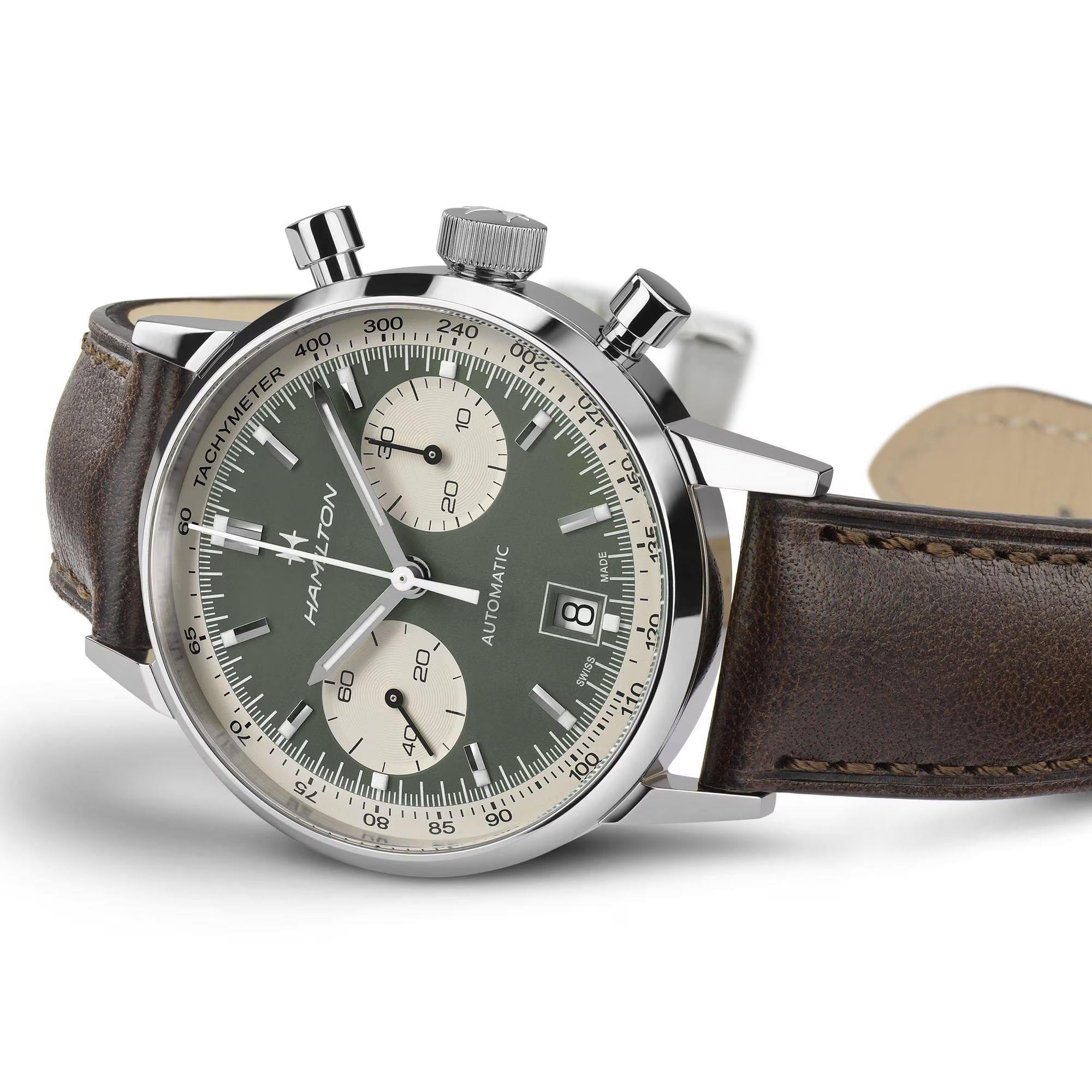Hamilton American Classic Intra-Matic Auto Chrono Green Dial Leather Strap Men's Watch H38416560