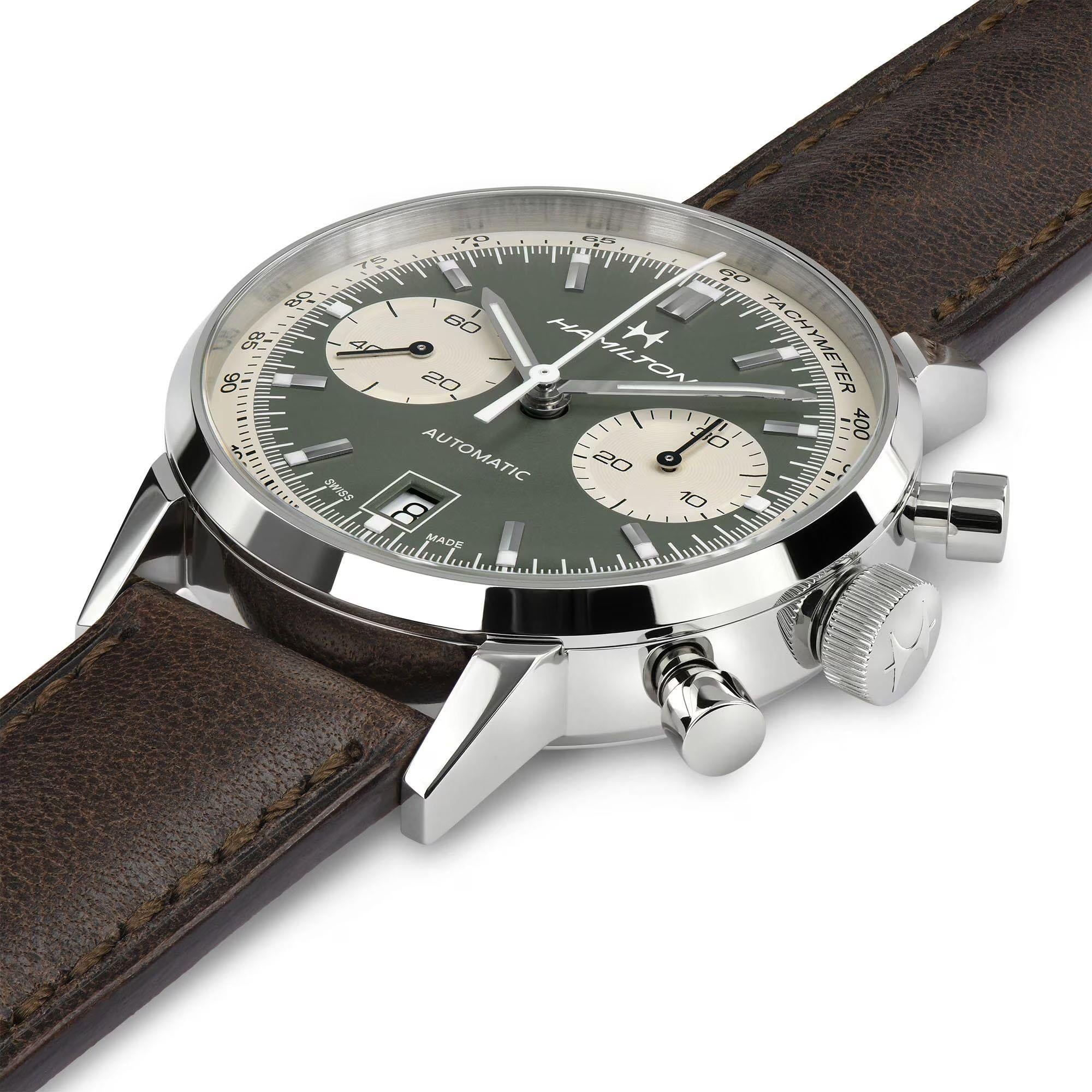Hamilton American Classic Intra-Matic Auto Chrono Green Dial Leather Strap Men's Watch H38416560