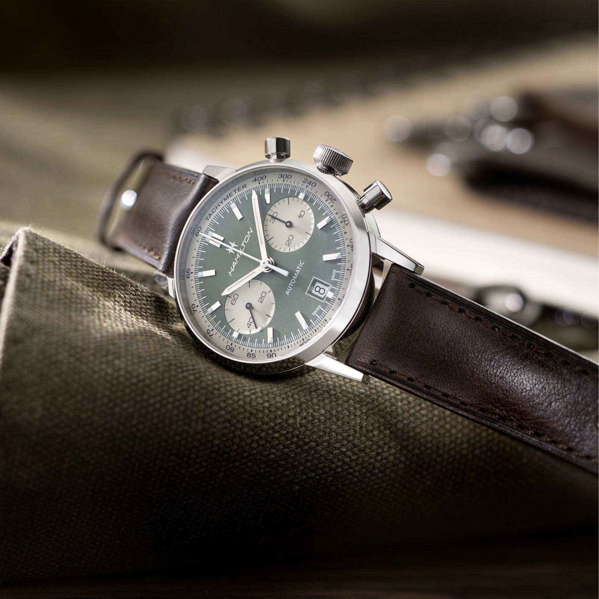 Hamilton American Classic Intra-Matic Auto Chrono Green Dial Leather Bracelet Men's Watch H38416560
