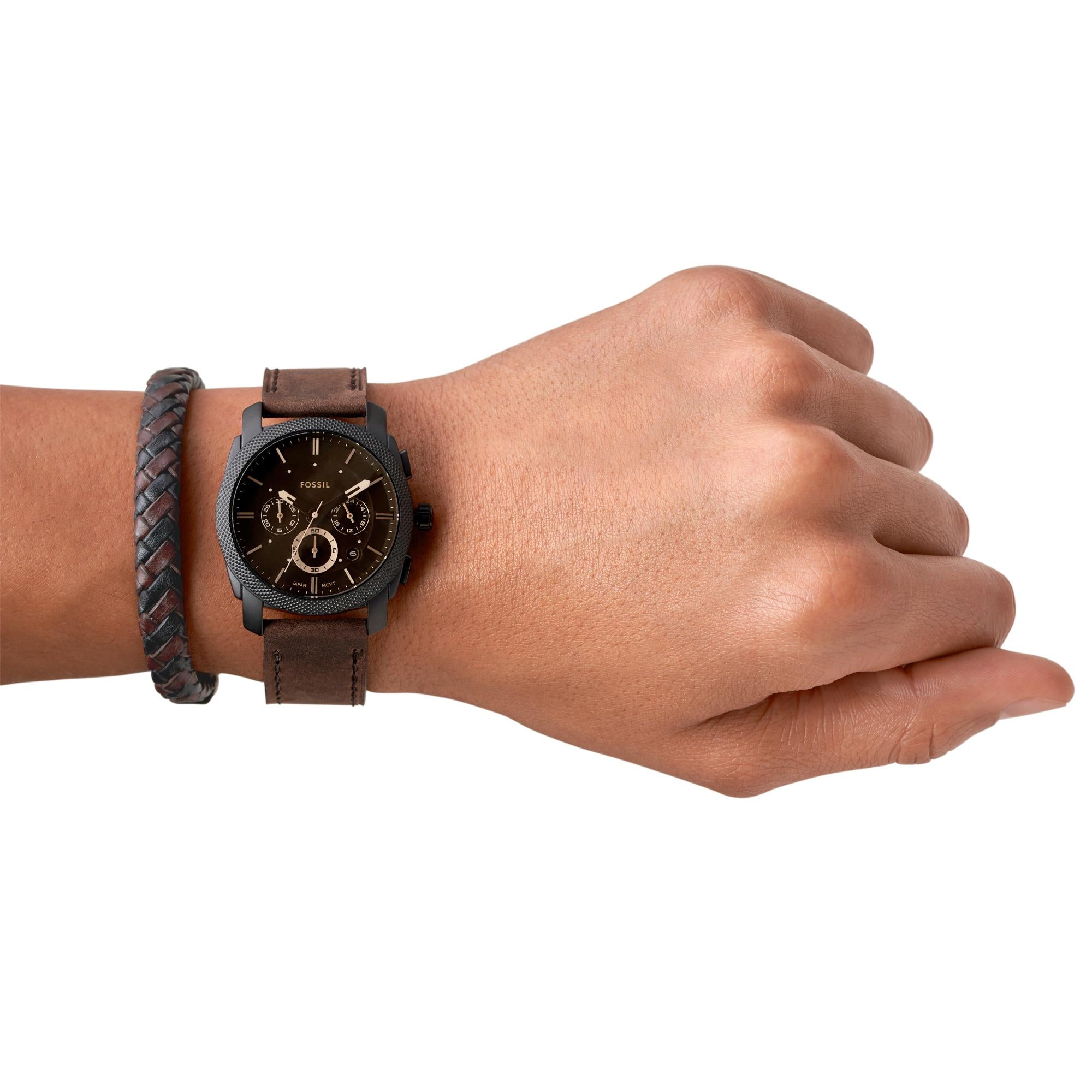 Fossil Machine Chronograph Dark Brown Leather Black Dial Men’s Watch and Bracelet Box Set FS5251SET