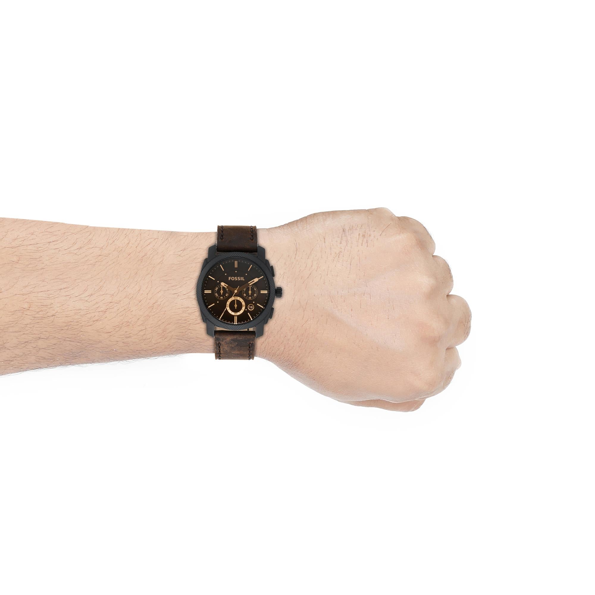 Fossil Machine Chronograph Dark Brown Leather Black Dial Men’s Watch and Bracelet Box Set FS5251SET