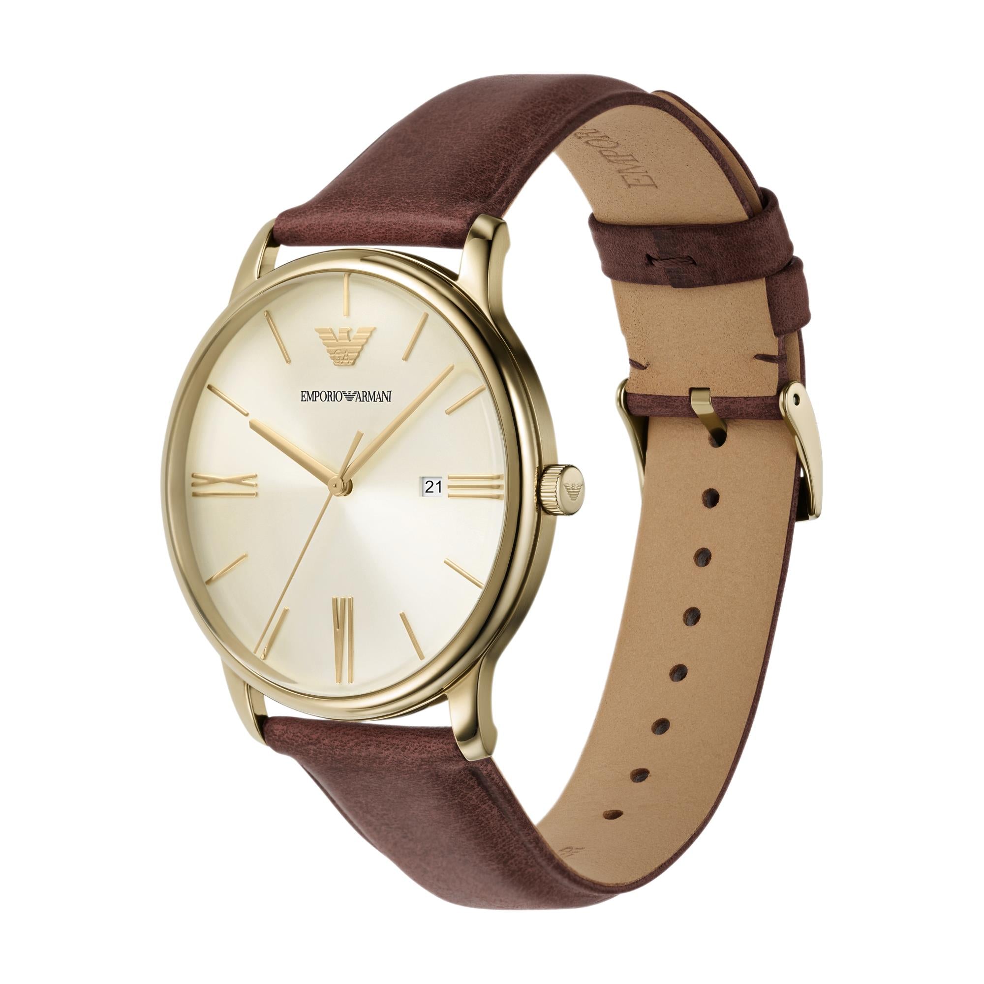 Emporio Armani Date Brown Leather Champagne Dial Men’s Watch AR11610