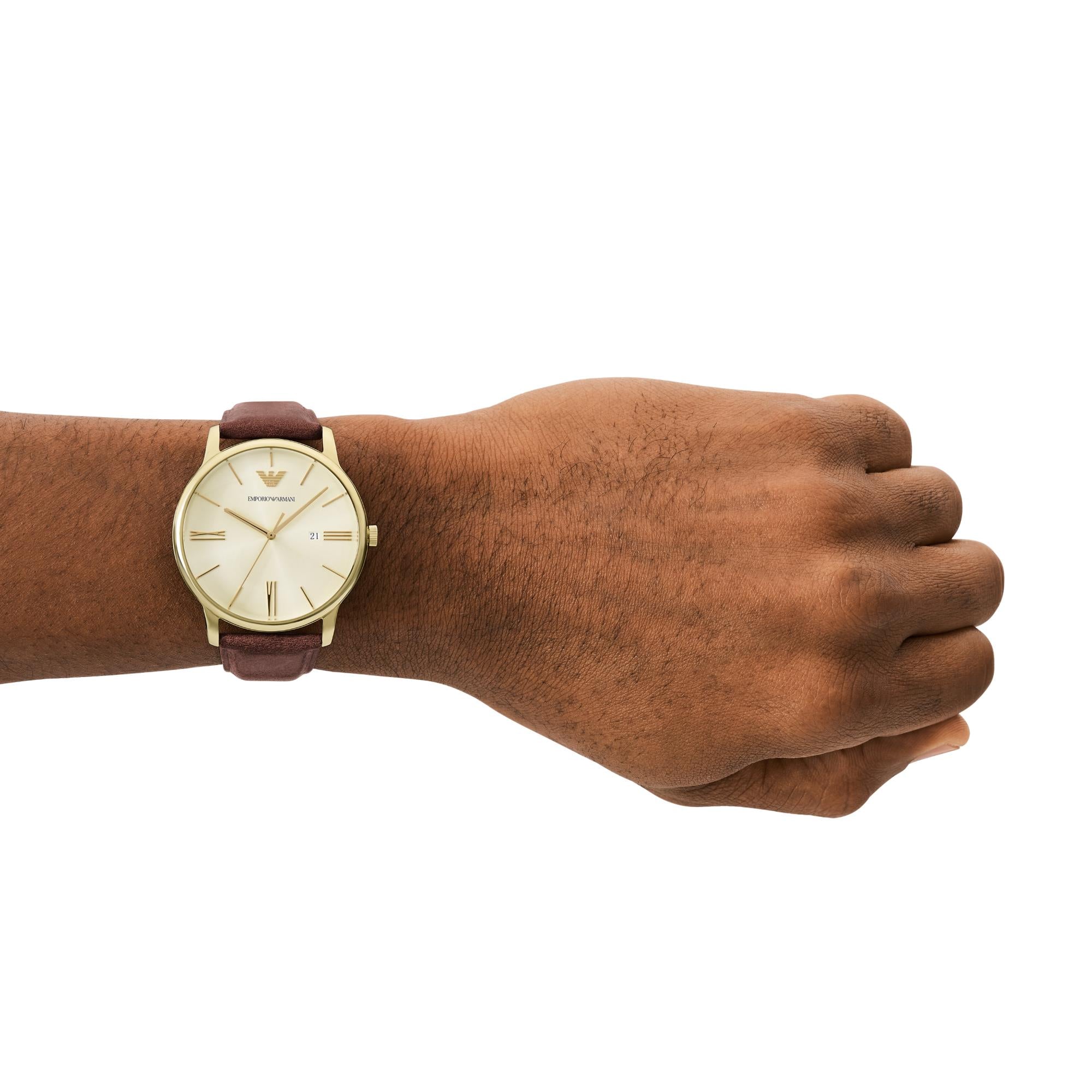 Emporio Armani Date Brown Leather Champagne Dial Men’s Watch AR11610
