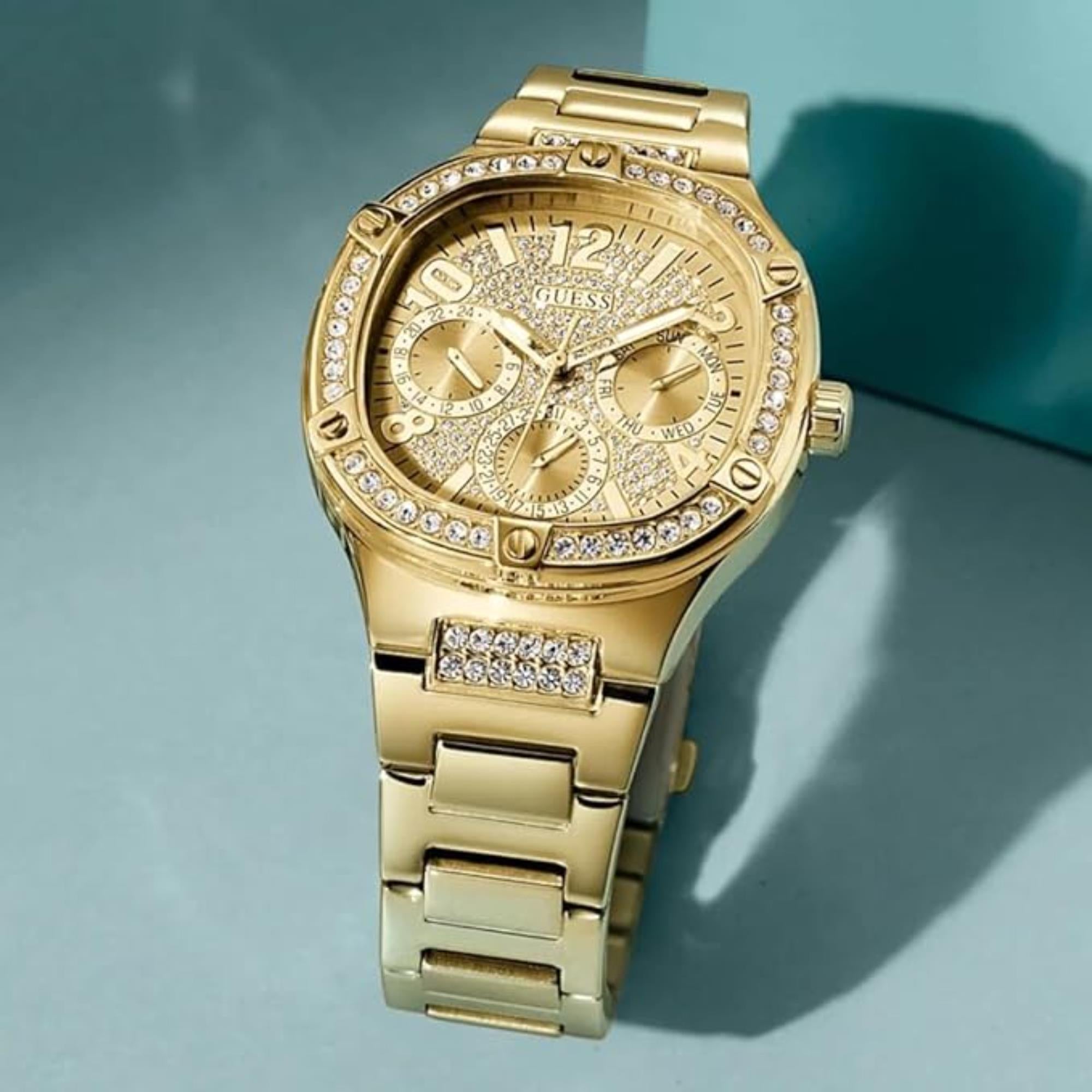 Guess Women's Gold Crystal Dial Gold Tone Stainless Steel Bracelet Watch GW0558L2