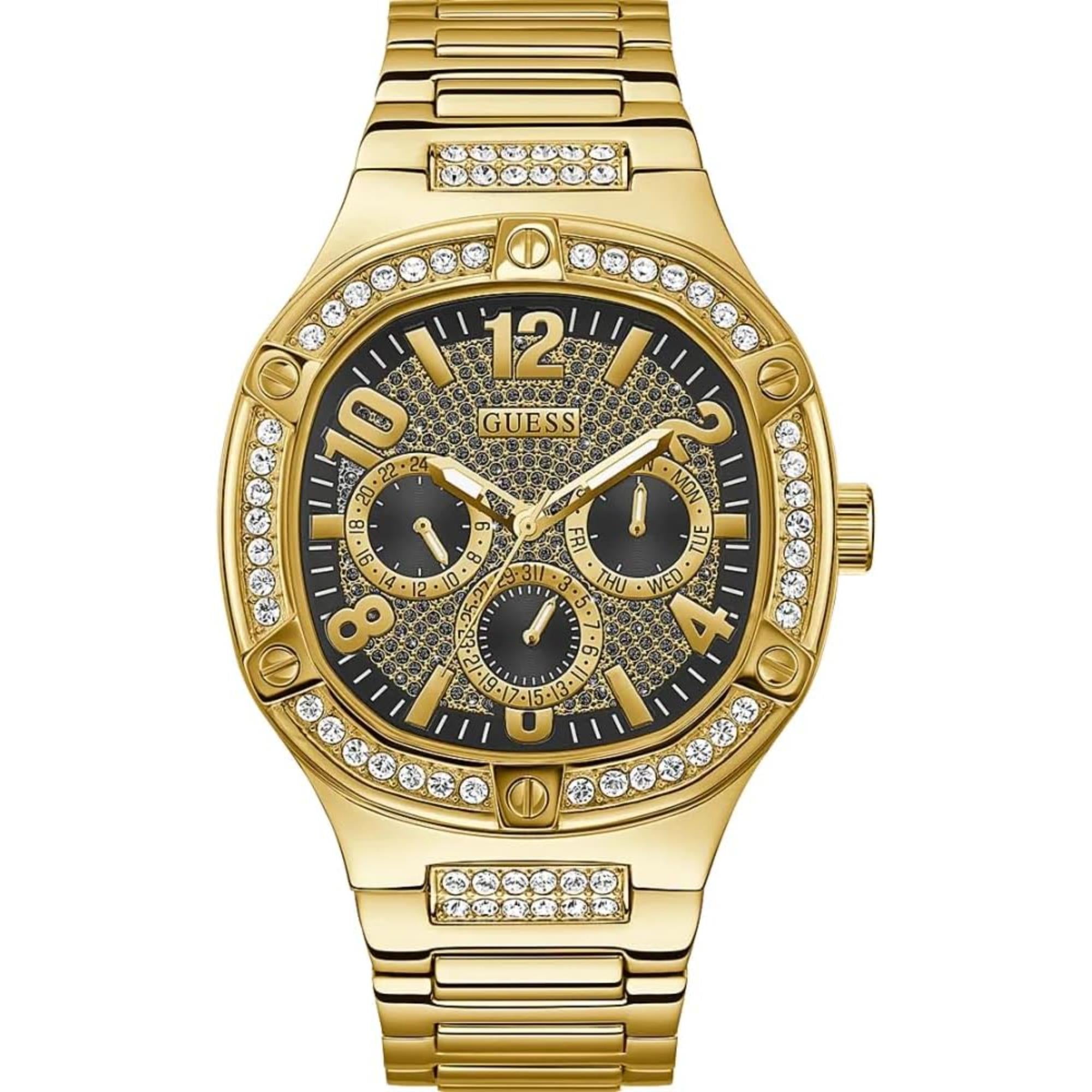 Guess Men's Black and Gold Crystal Dial Gold Tone Stainless Steel Bracelet Watch GW0576G2