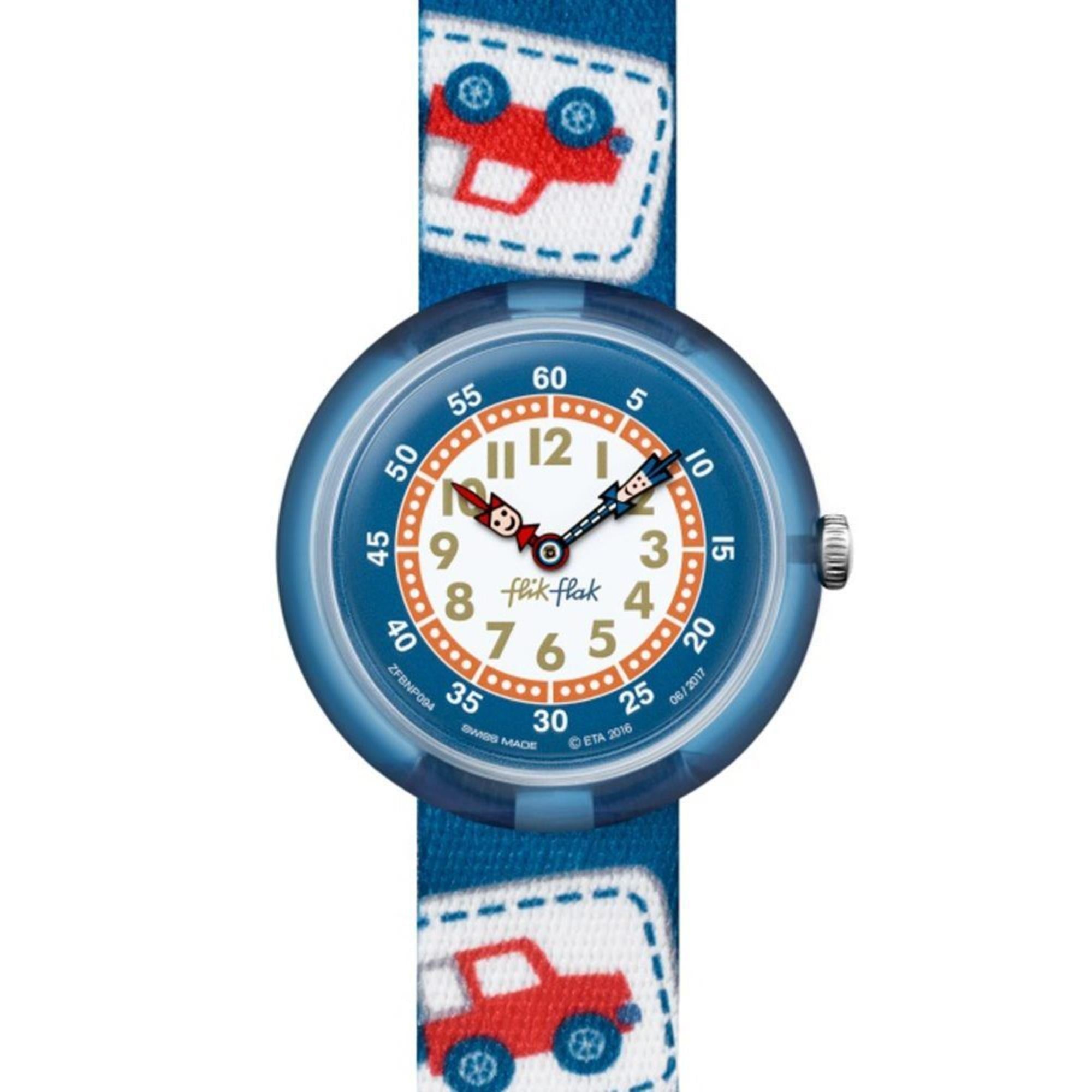 Flik Flak Camping Badge Quartz Movement Multicoloured Dial Textile Bracelet Kids Watch FBNP094
