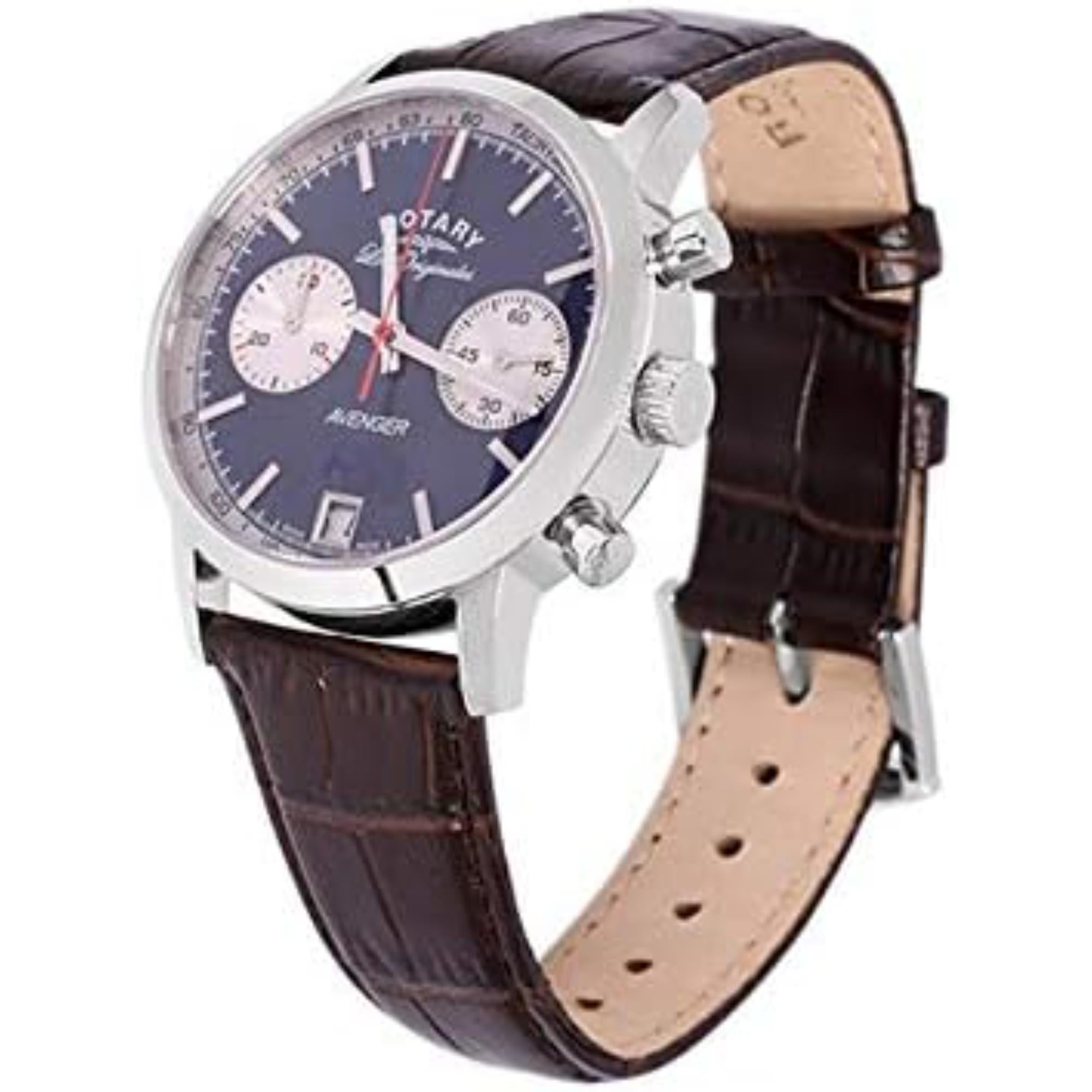 Rotary Les Originales Silver Stainless Steel case Brown Leather Strap Blue Dial Men's Watch GS90130/05