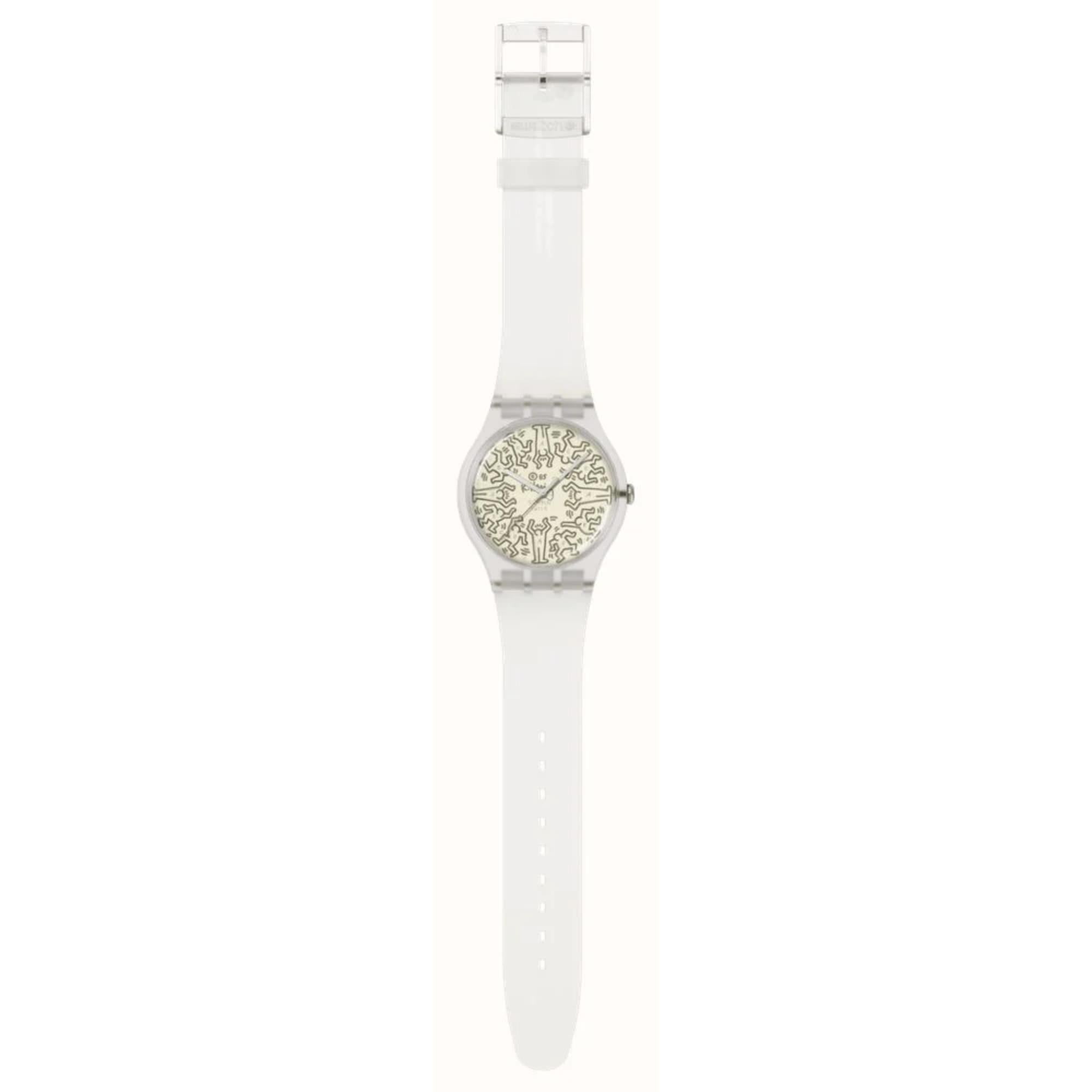 Swatch Quartz Break Free FROM THE ARCHIVE Beige Illustrated Dial Transparent Silicone Strap SO29Z145