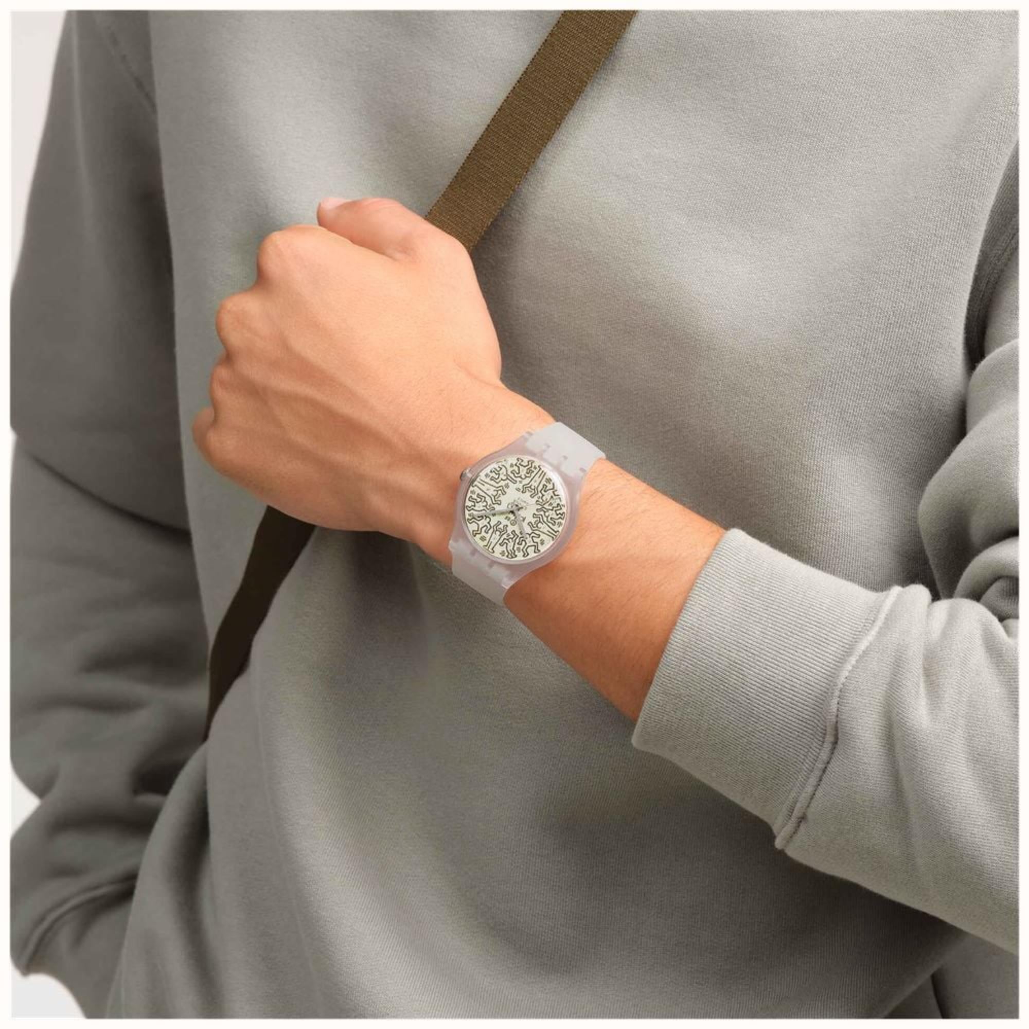 Swatch Quartz Break Free FROM THE ARCHIVE Beige Illustrated Dial Transparent Silicone Strap SO29Z145