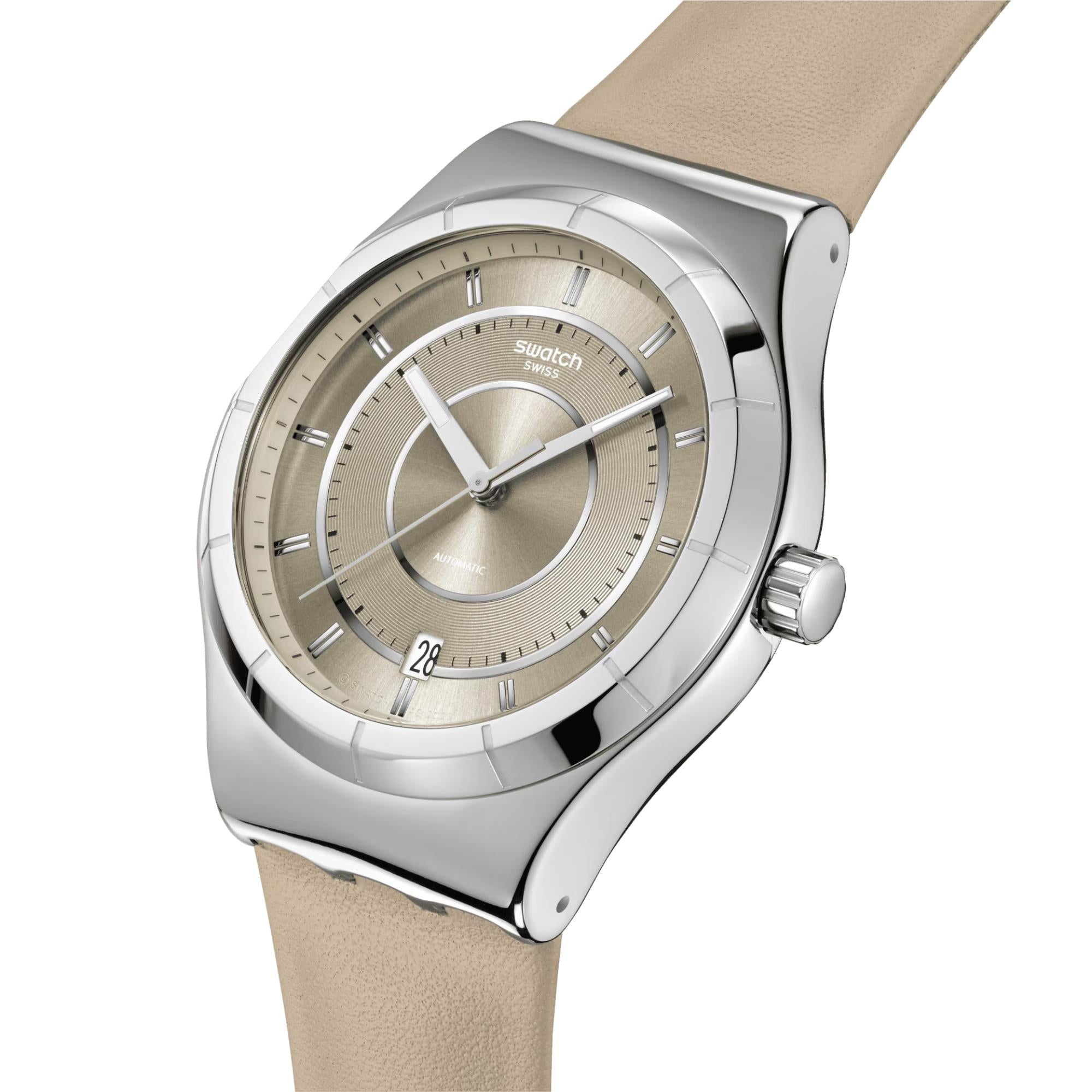 Swatch Mocha Dream Beige Dial Leather Strap Unisex Watch YIS434