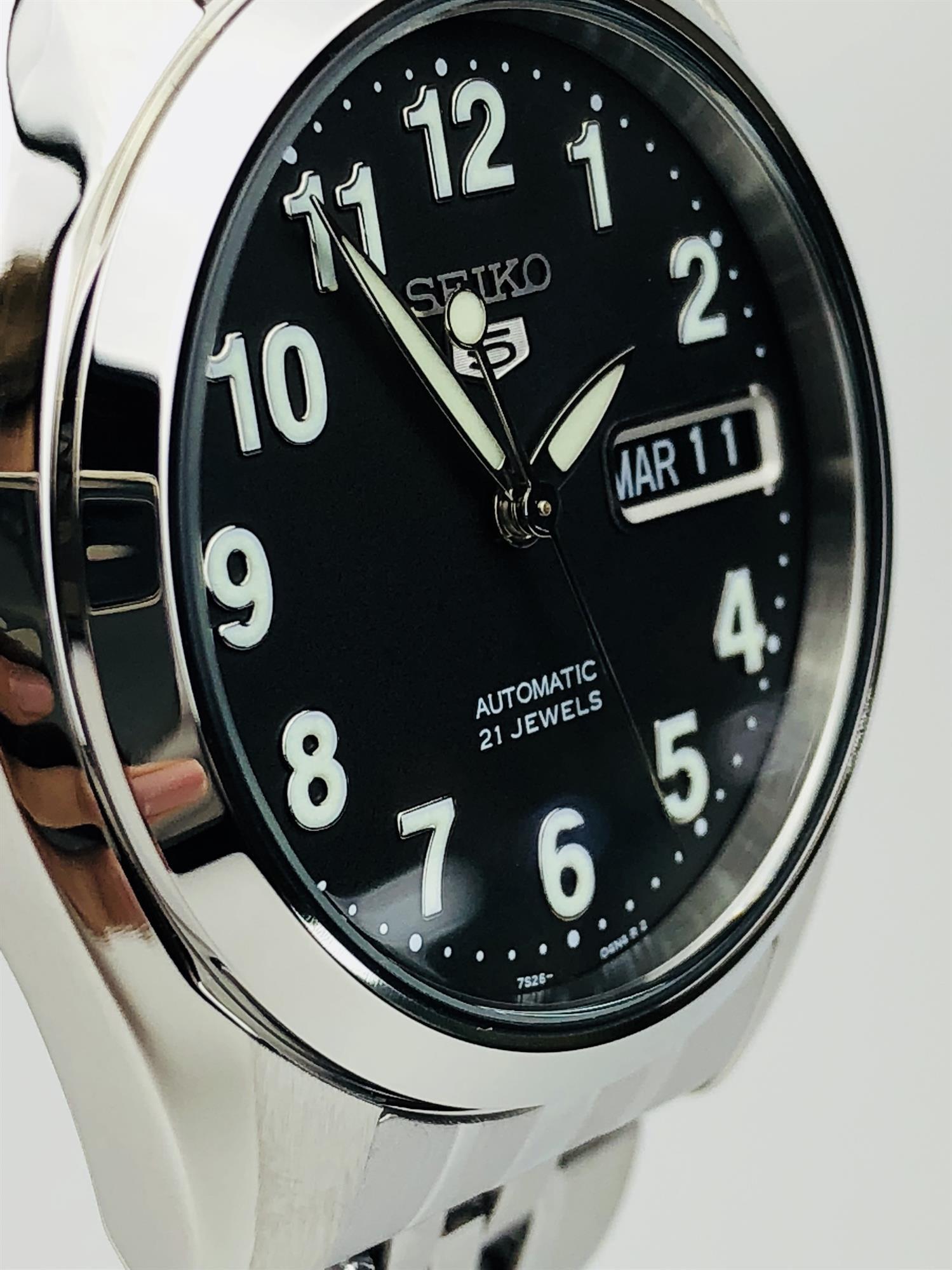 Seiko 5 Automatic Black Dial Silver Stainless Steel Bracelet Men's Watch SNK381K1