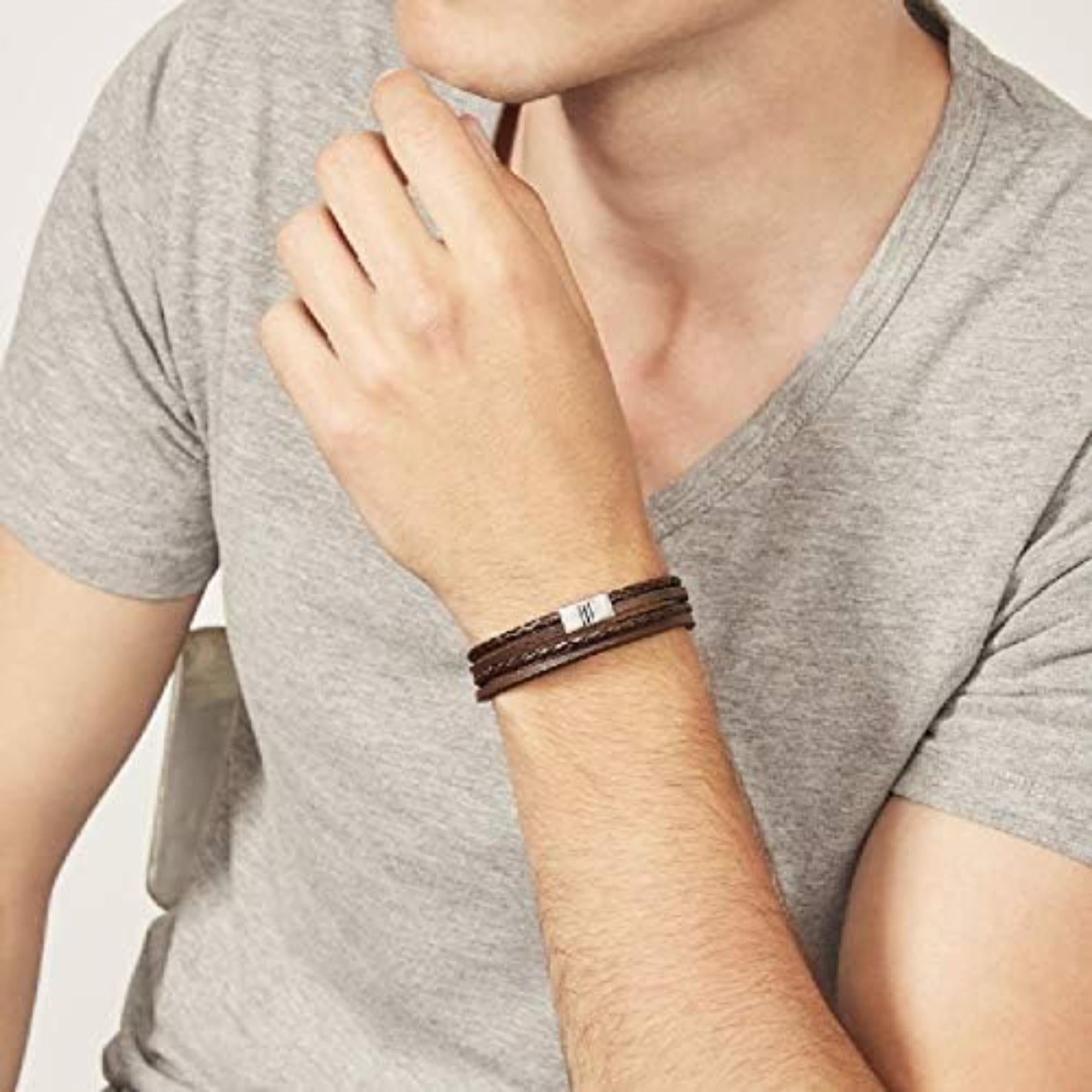 Fossil Brown Multi-Strand Braided Leather Men's Bracelet JF02934040