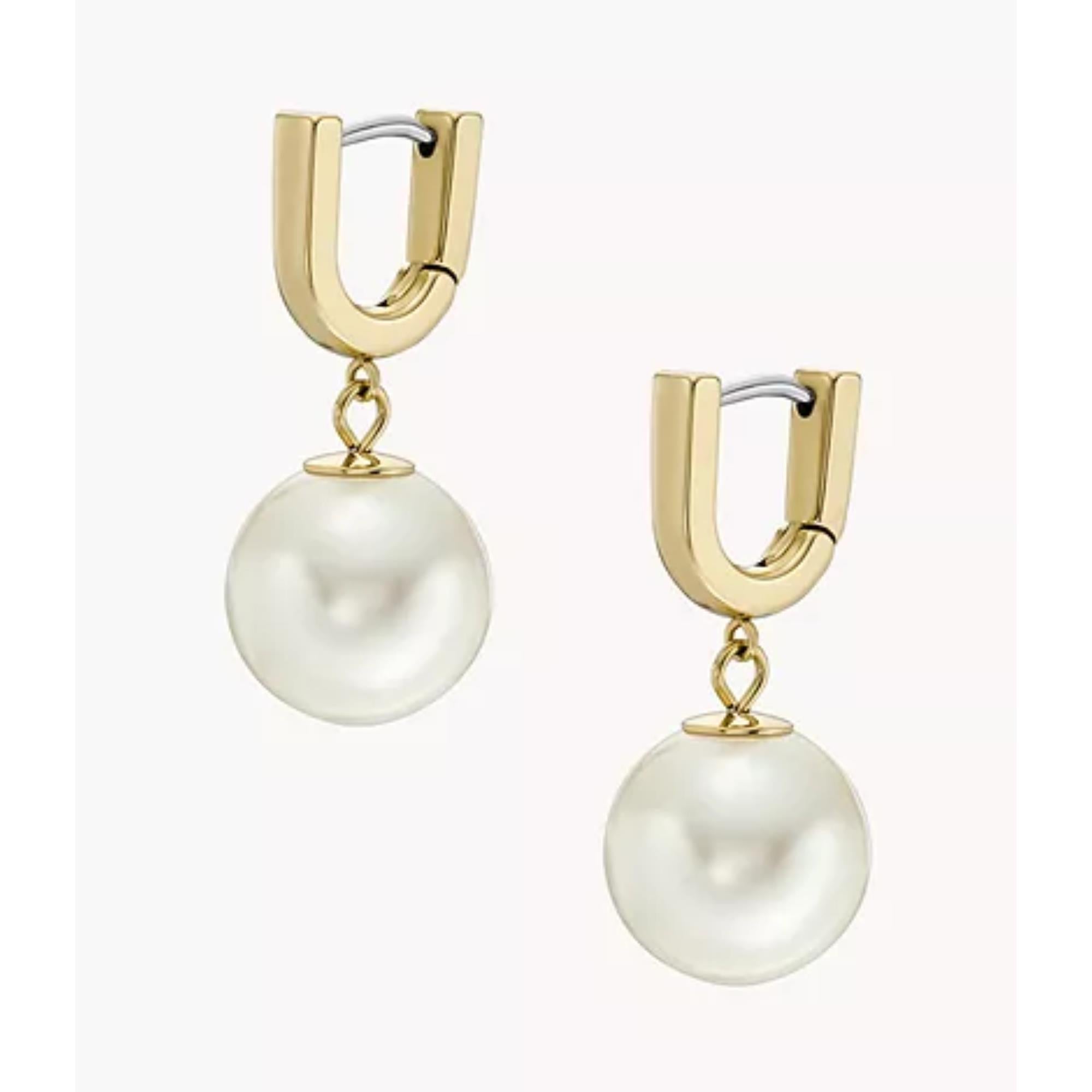Fossil Heritage Pearl D-Link Gold-Tone Stainless Steel Hoop Ladies Earrings JF04730710