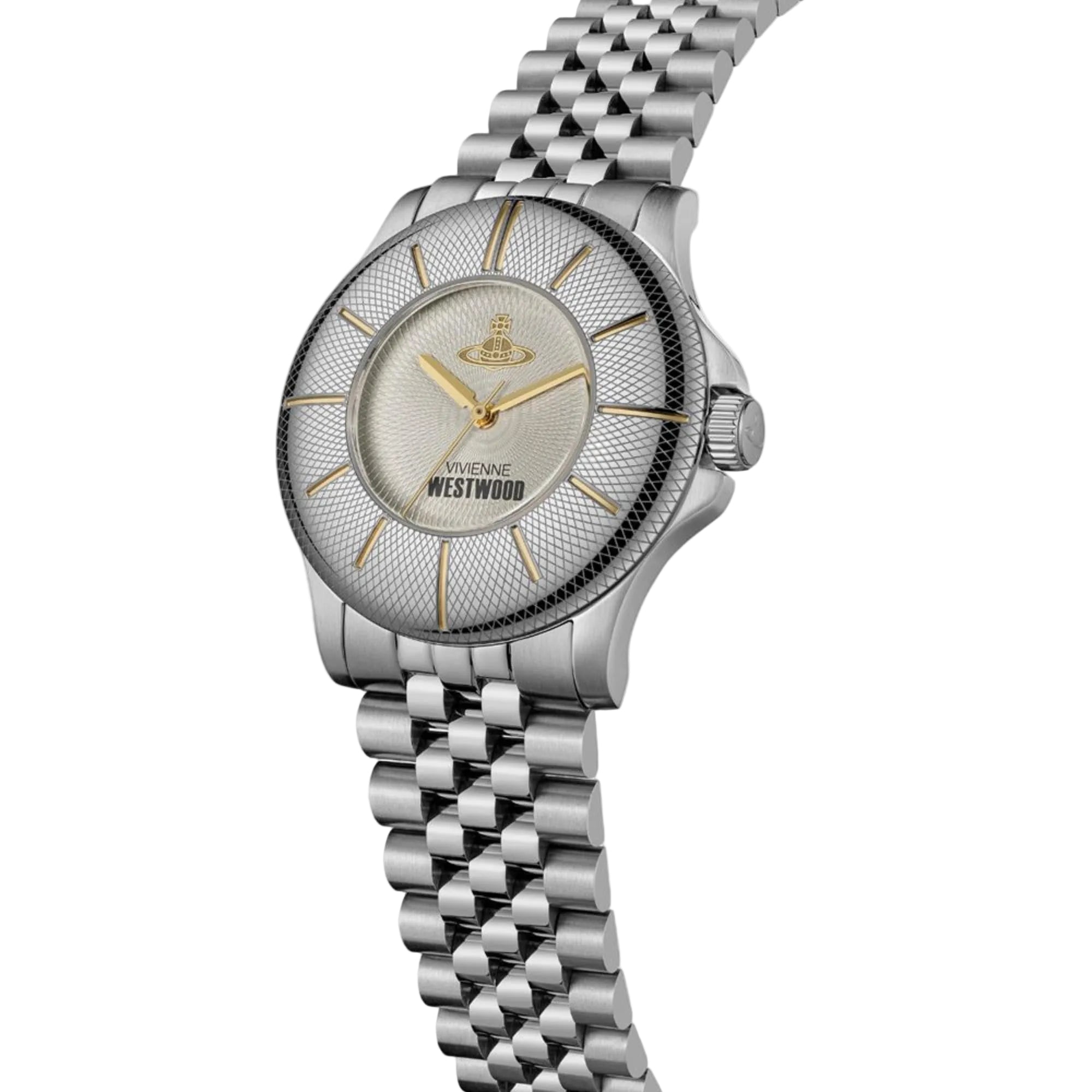 Women’s silver watch with textured light dial, gold-tone hour markers, link bracelet