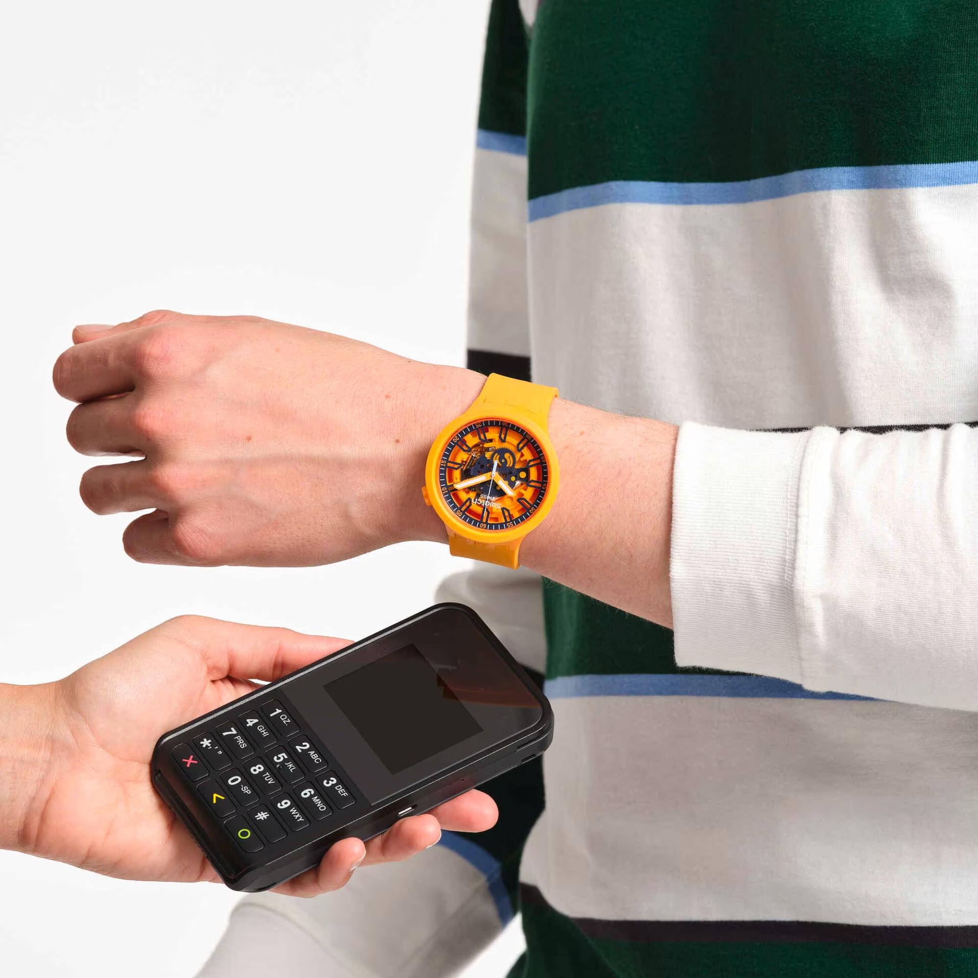 Swatch Swatchpay! Big Bold Freshpay Quartz Transparent Dial Orange Silicone Strap Unisex Watch SB01O100-5300