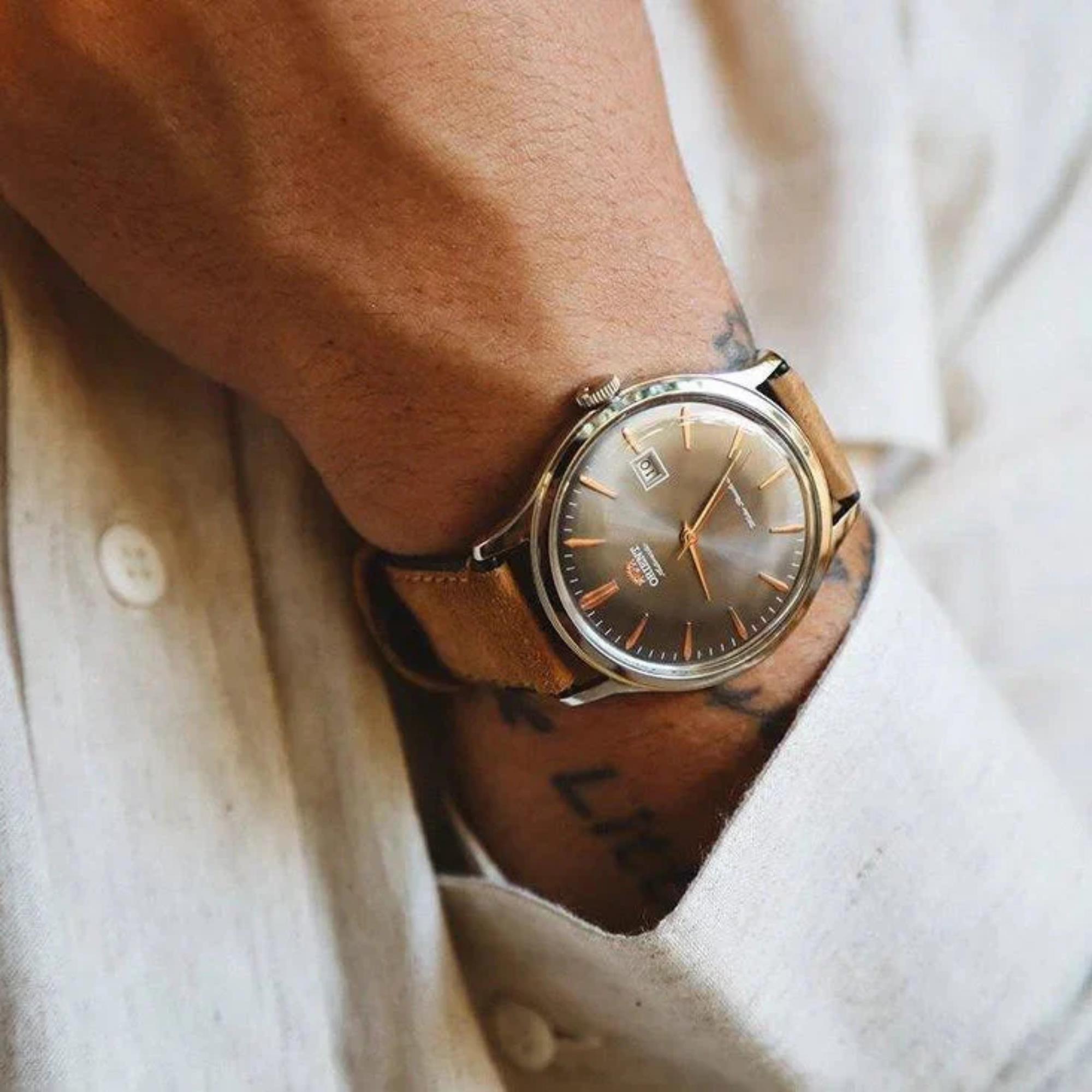 Orient Bambino Version 4 Classic Vintage Style Grey Dial Leather Strap Men’s Dress Watch TAC08003A0