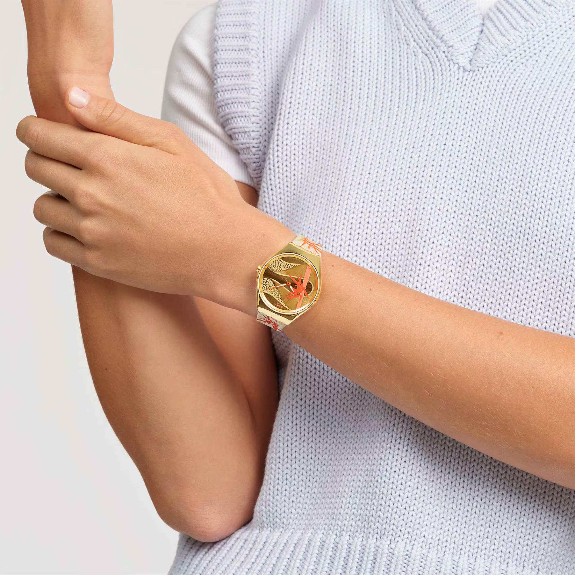 Swatch SKIN Golden Red Bamboo Yellow Dial Textile/Leather Strap Watch SYXZ105